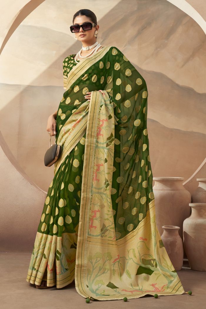 Clover Green Woven Georgette saree