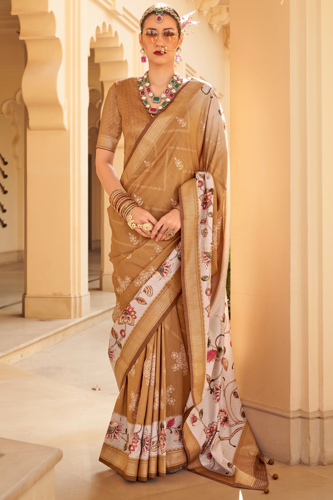 Rajah Brown Floral Printed Banarasi Saree