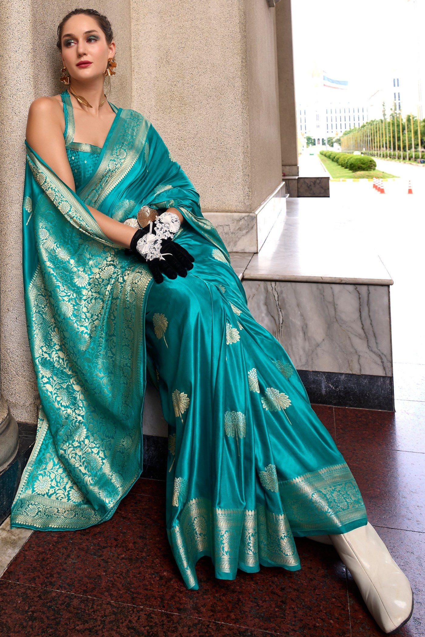 Olumpic Blue Handloom Satin Silk Saree