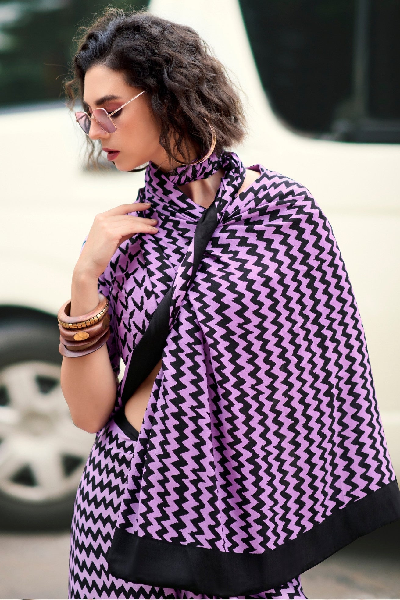 Amethyst Purple Printed Satin Crepe Saree