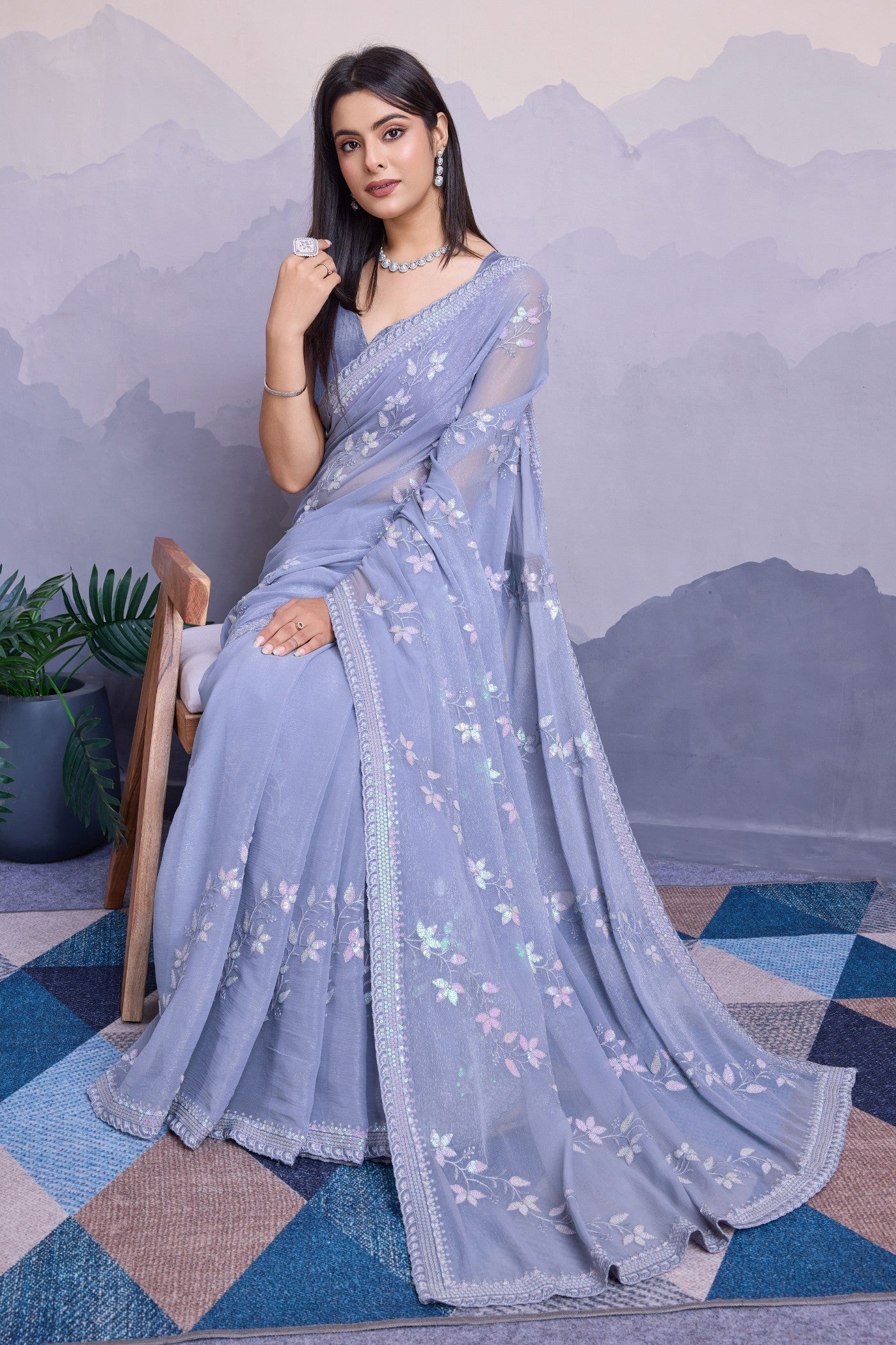 Columbia Blue Embroidered Designer Chiffon Saree