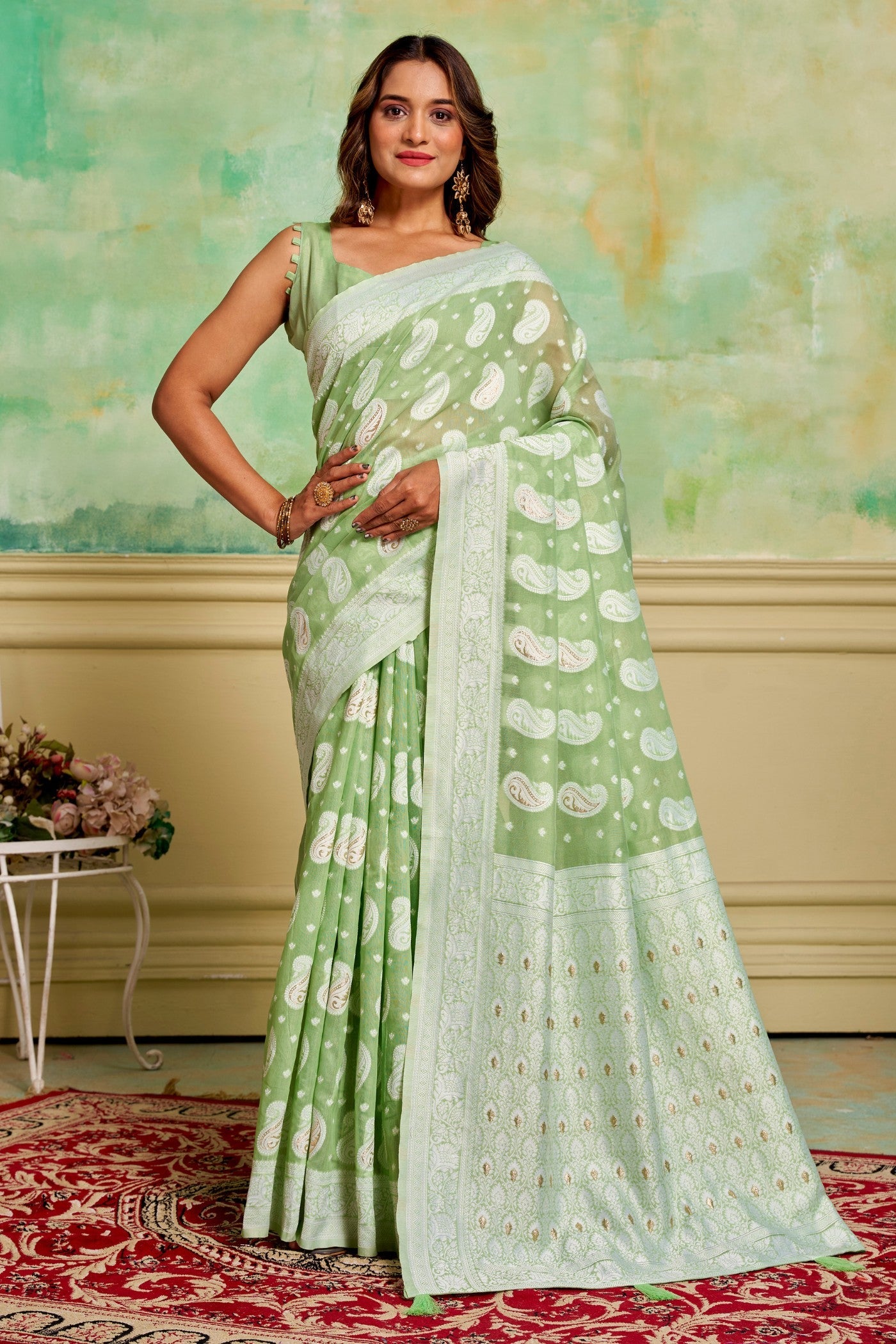 Seafoam Green Woven Cotton Saree