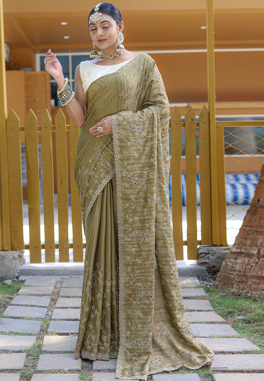 Arrowtown Green Embroidered Tussar Silk Saree