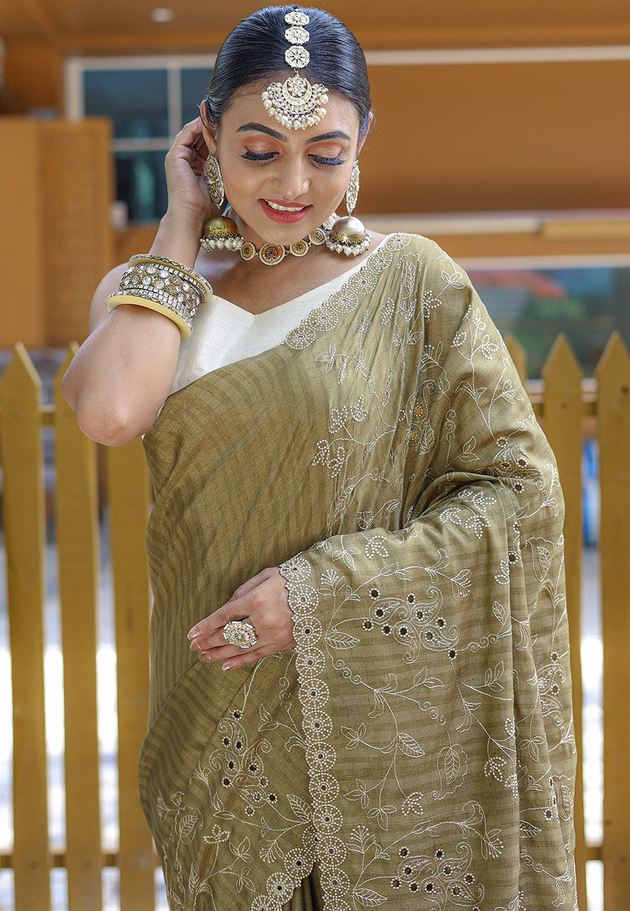 Arrowtown Green Embroidered Tussar Silk Saree