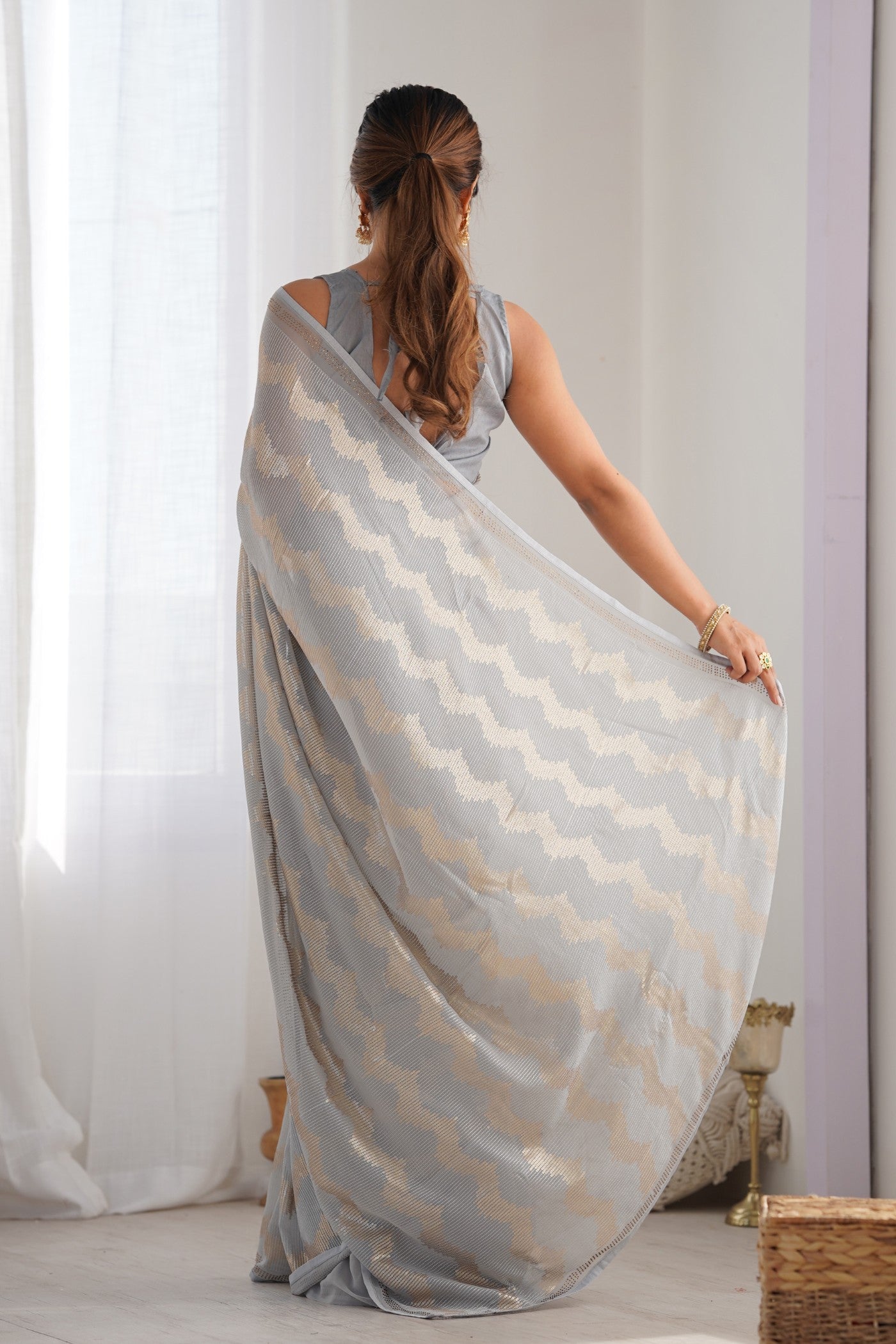 Smokey Grey Embroidered Partywear Saree