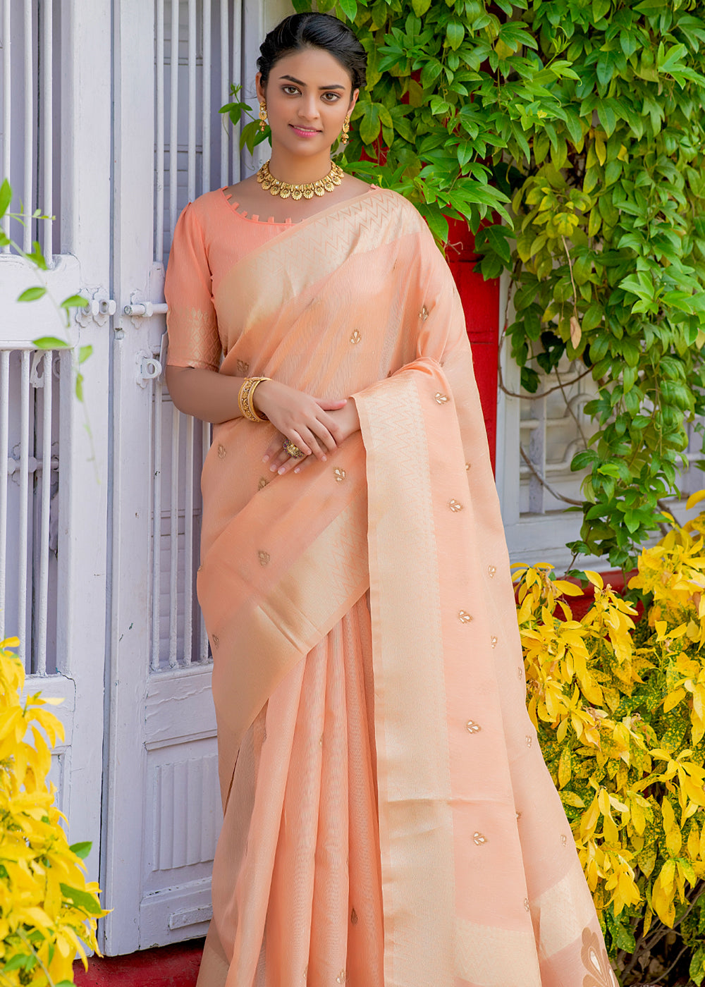 Romantic Peach Woven Banarasi Linen Silk Saree