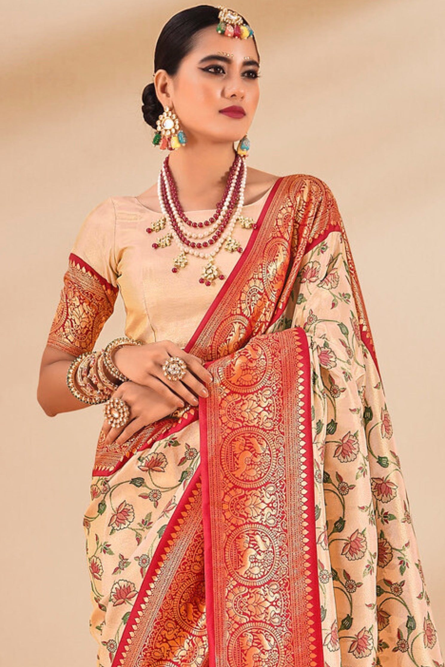 Pancho Cream and Red Zari Woven Banarasi Saree