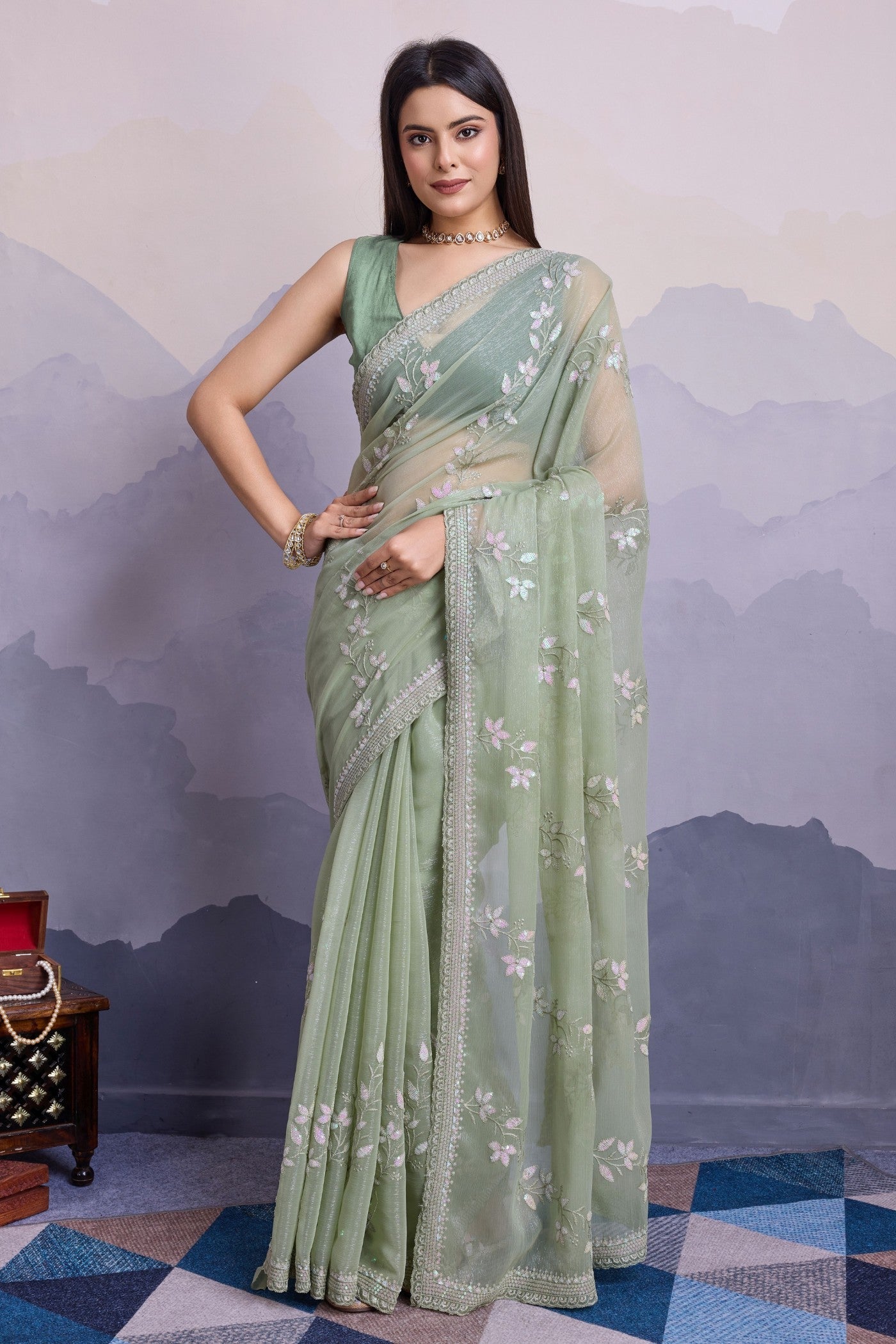 Pastel Green Embroidered Designer Chiffon Saree