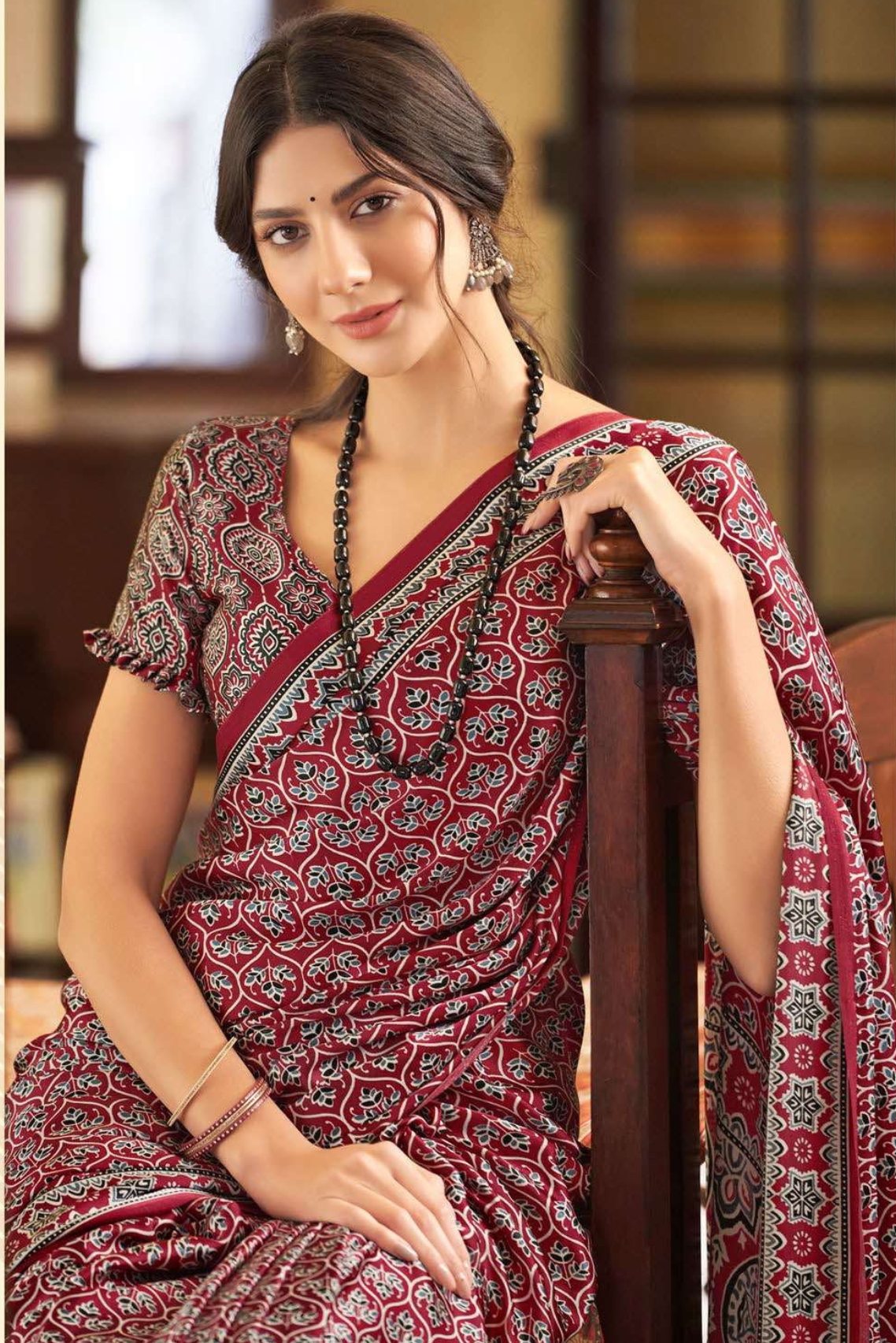 Chic Maroon Ajrakh Printed Satin Crepe Saree