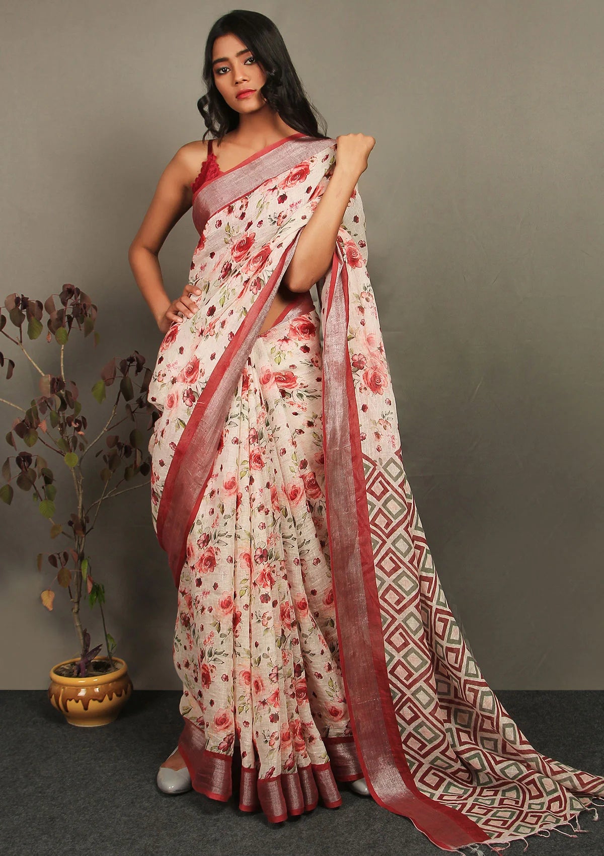 Blushing Pink Color Linen Saree With Silver Jari Pattu