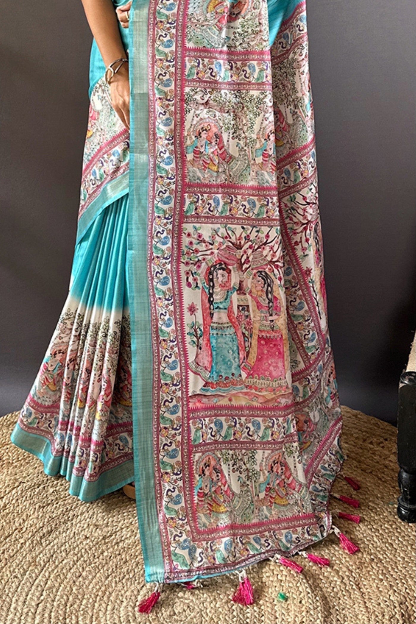 Sea Blue Madhubani Printed Tussar Silk Saree