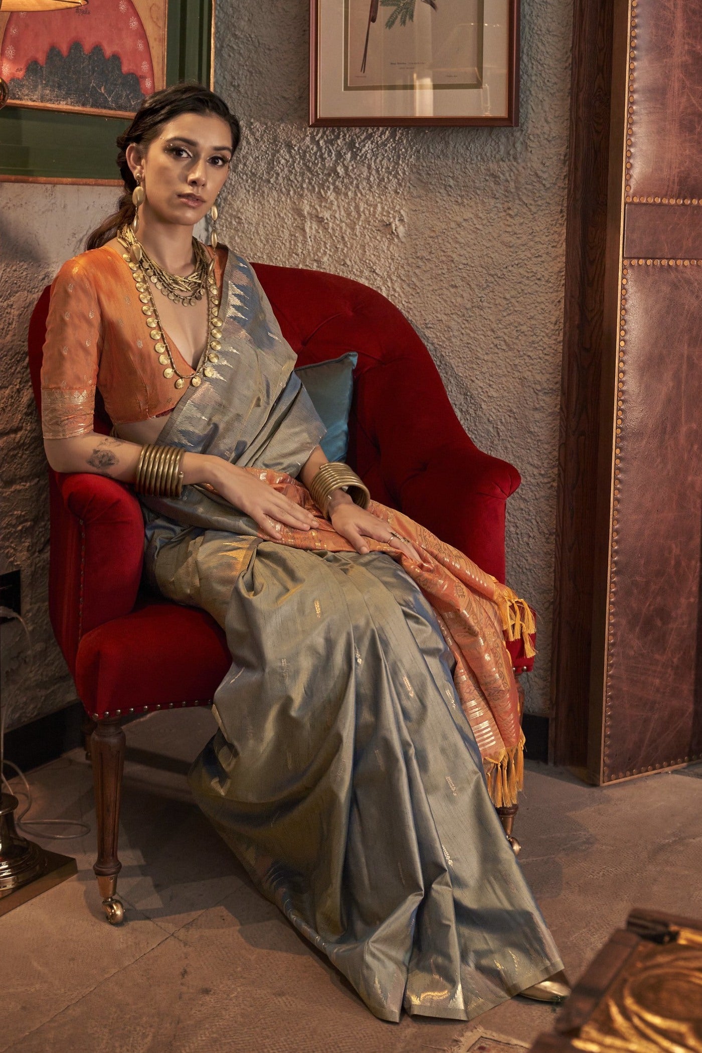 Cloudy Grey Woven Linen Saree