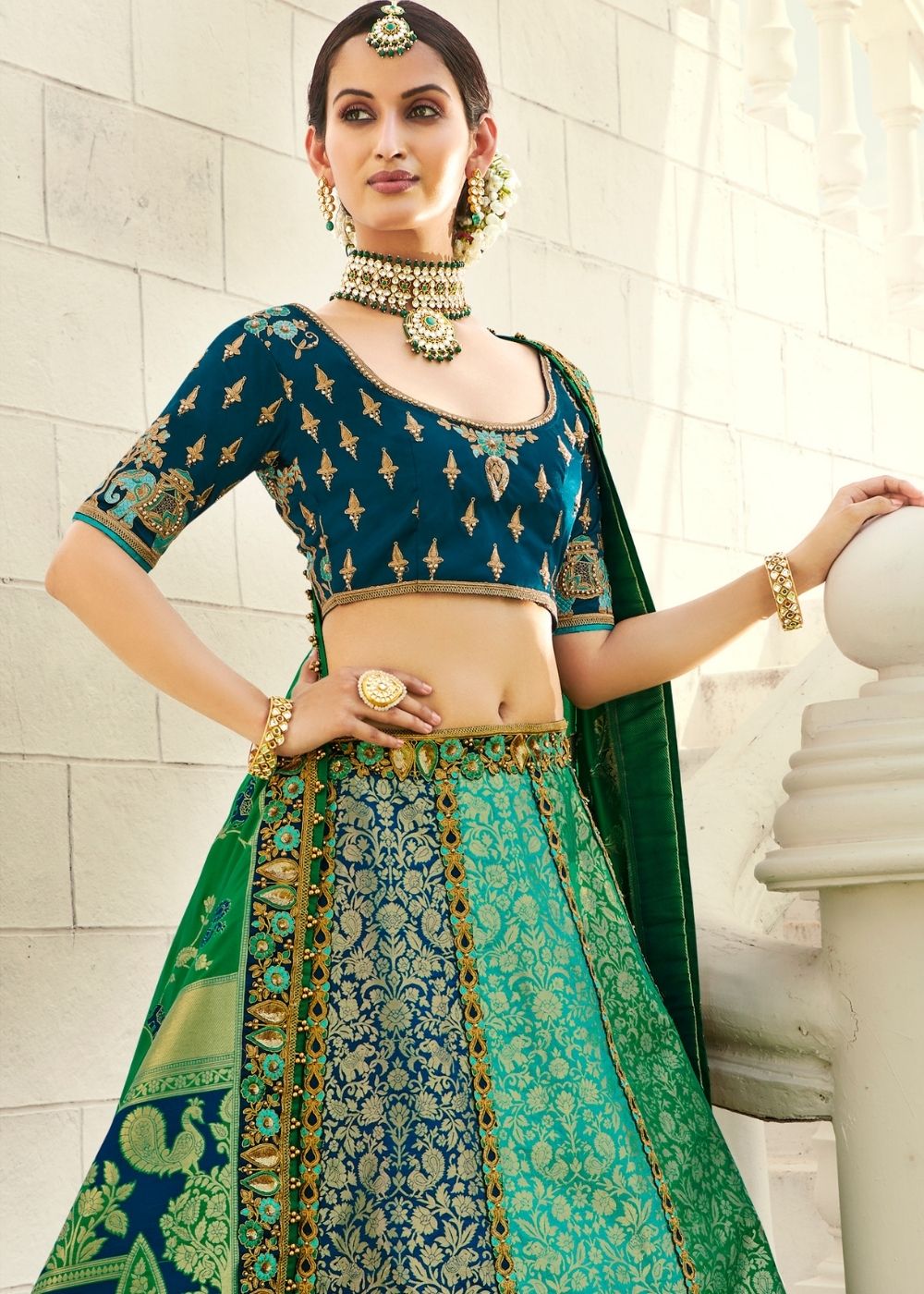 Green Pea Heavy Embroidered Designer Banarasi Lehenga