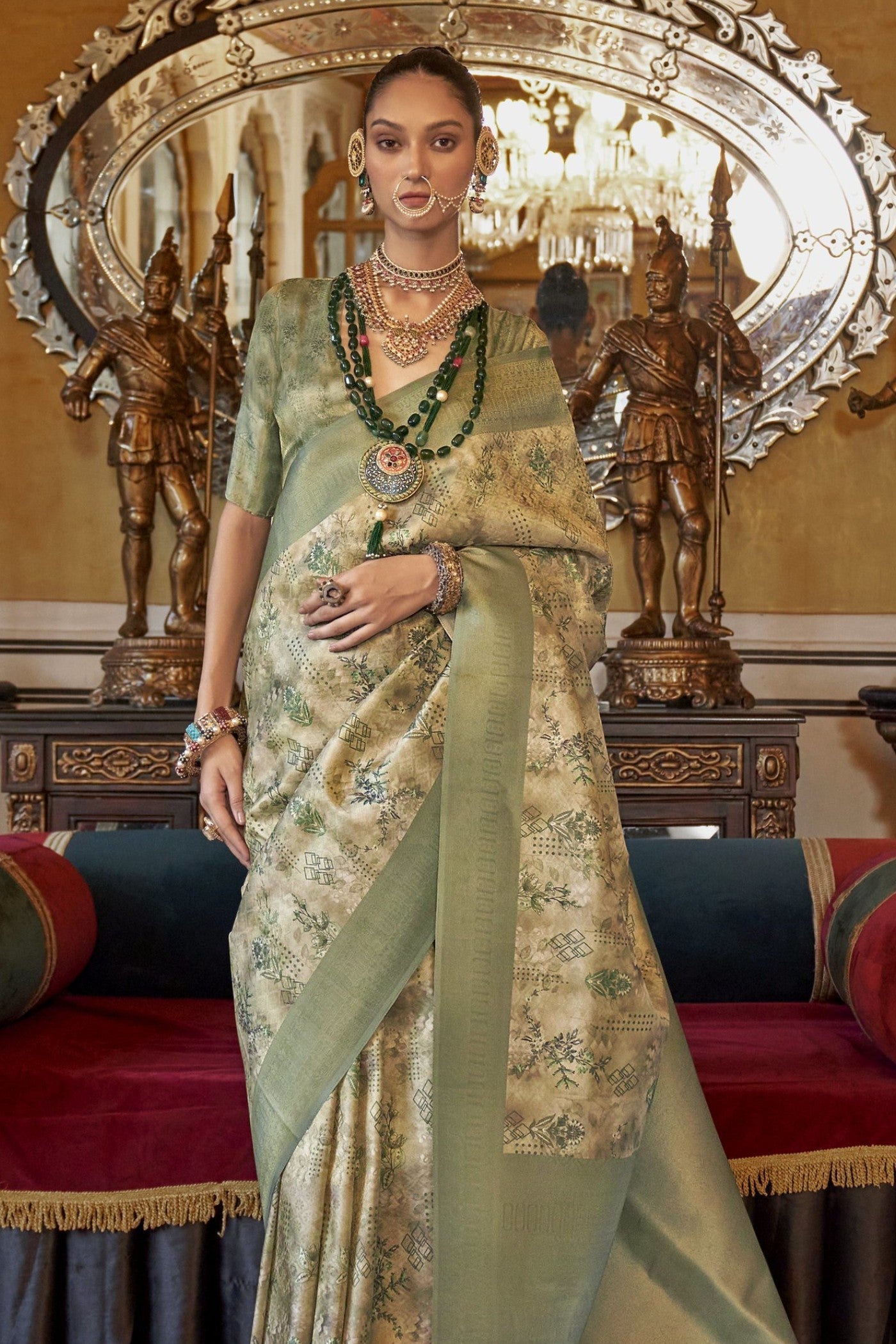 Gurkha Green Banarasi Digital Printed Saree