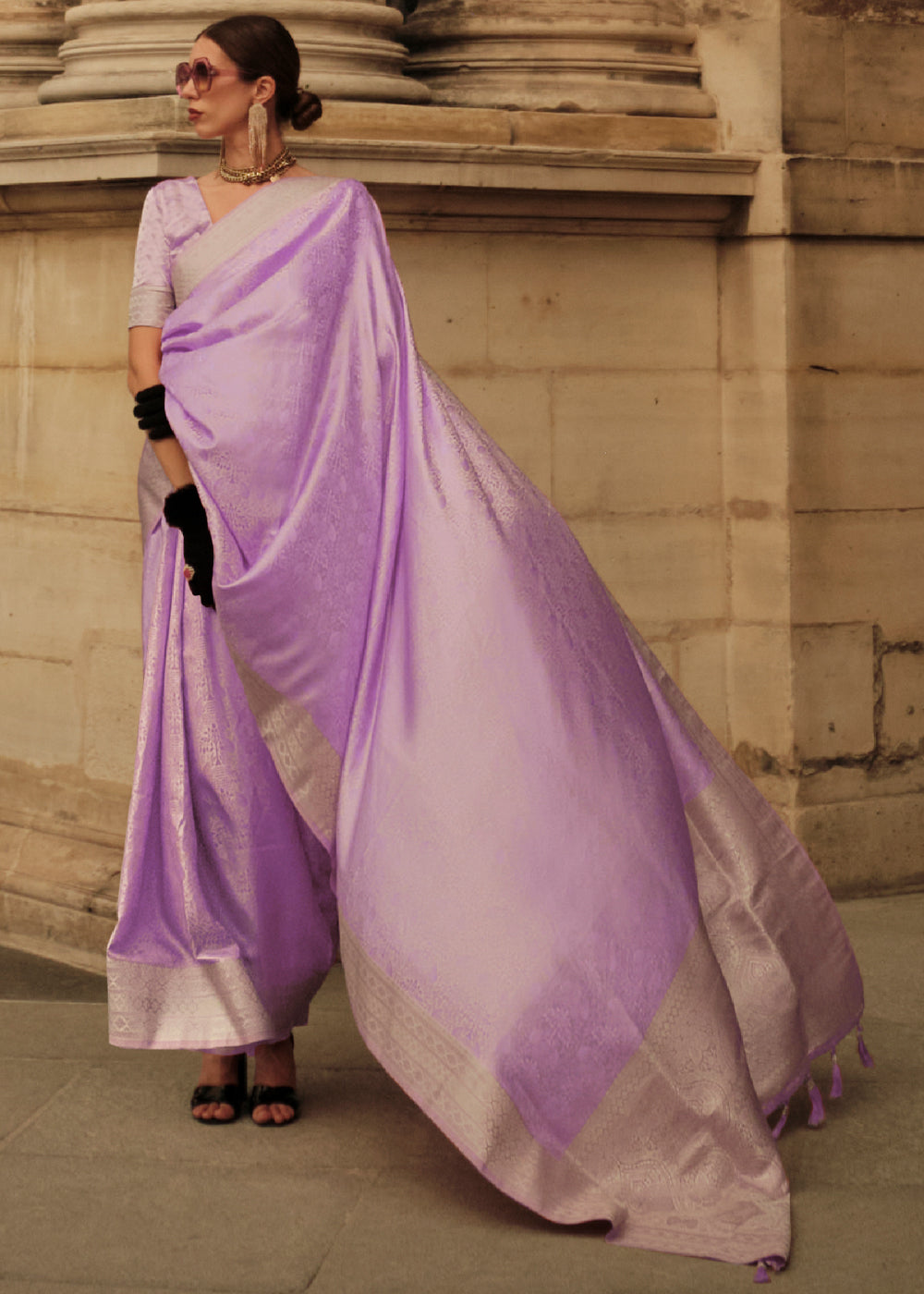 Biloba Flower Purple Woven Banarasi Satin Silk Saree