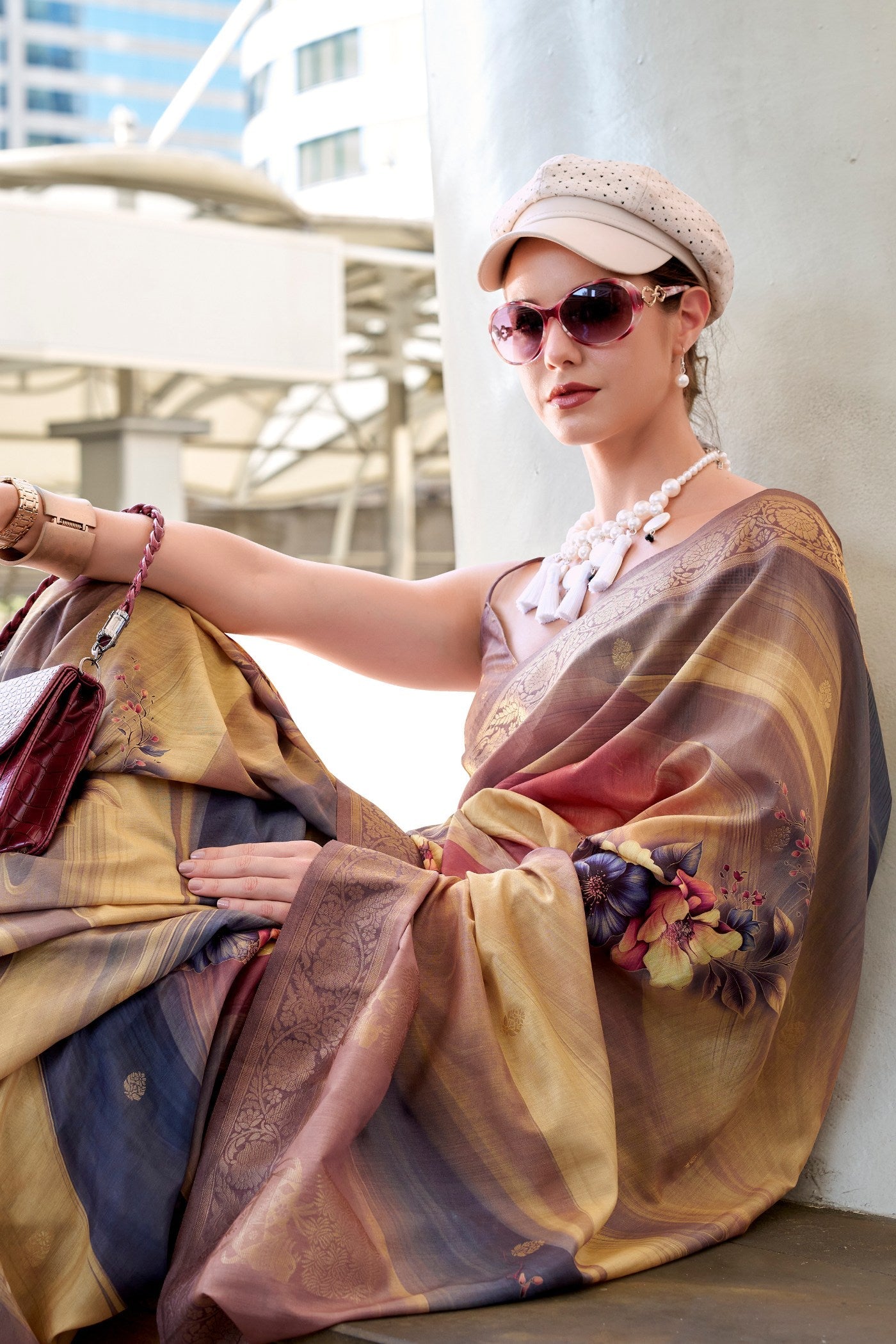 Tanchoi Cream and Brown Banarasi Handloom Saree