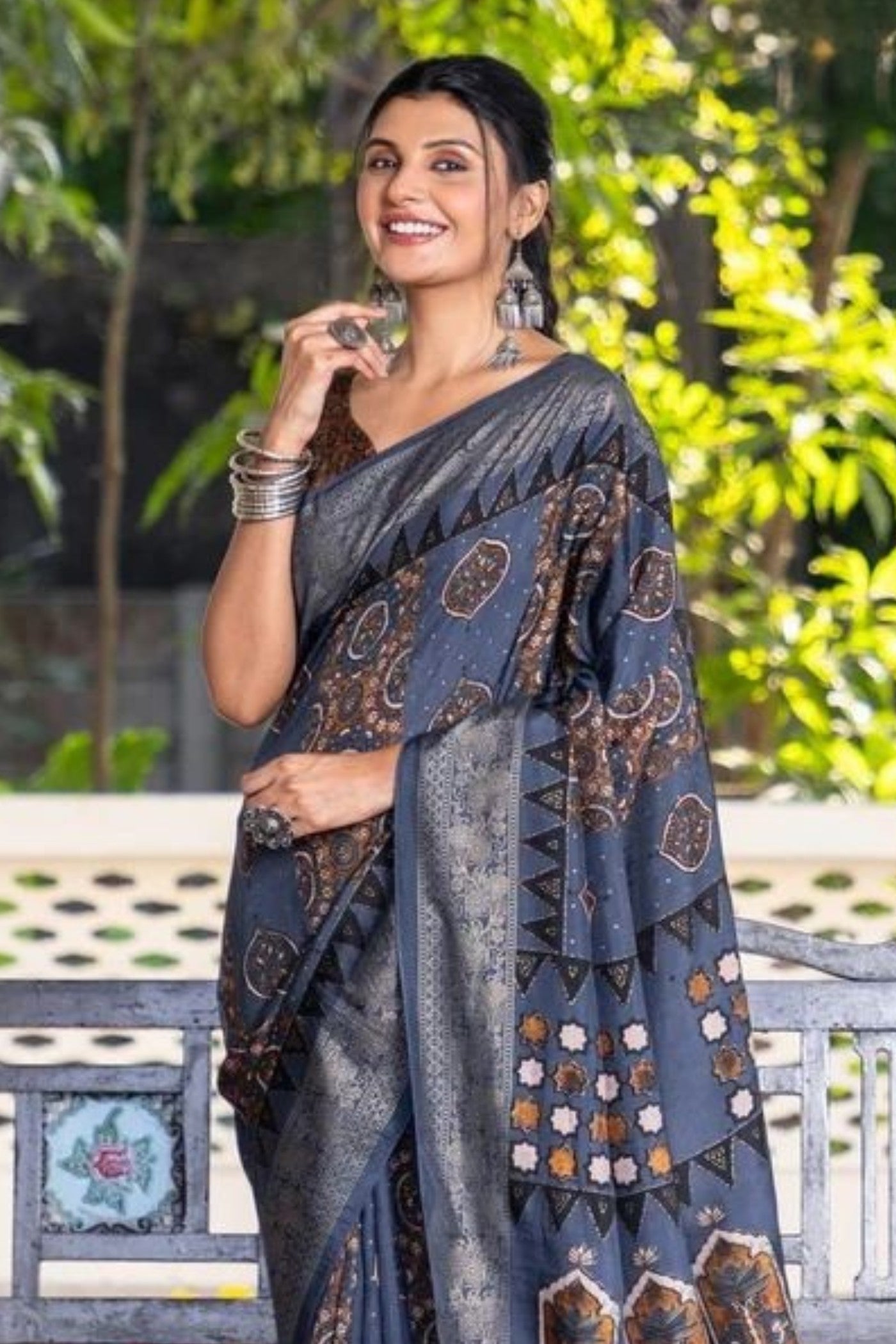 Cloudy Grey Ajrakh Digital Printed Satin Saree