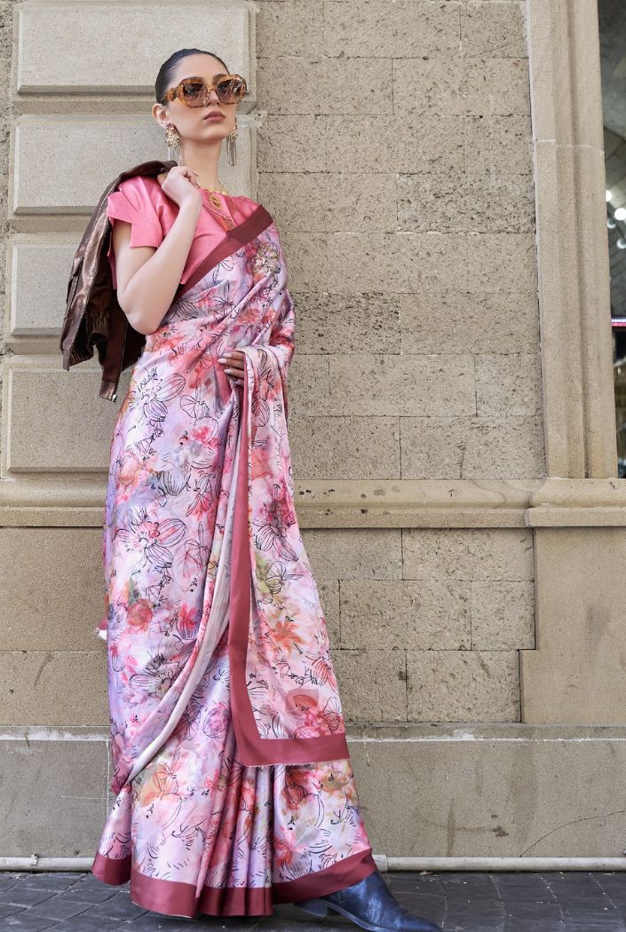 Pink Peral Digital Printed Satin Silk Saree