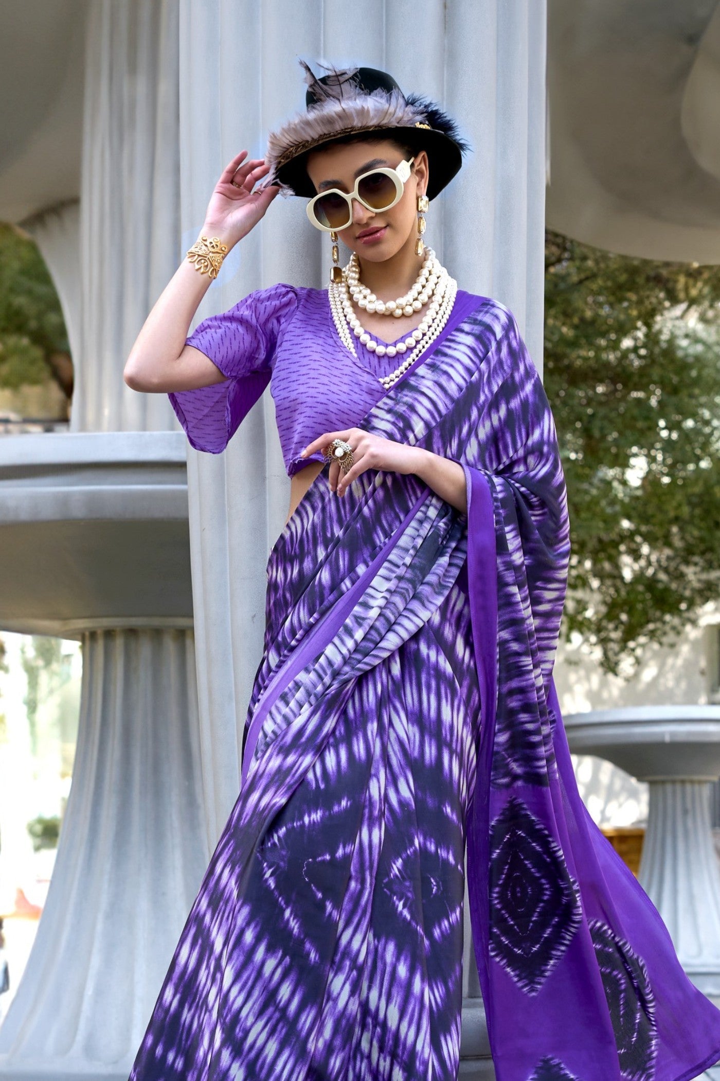 Ube Purple Printed Satin Crepe Silk Saree