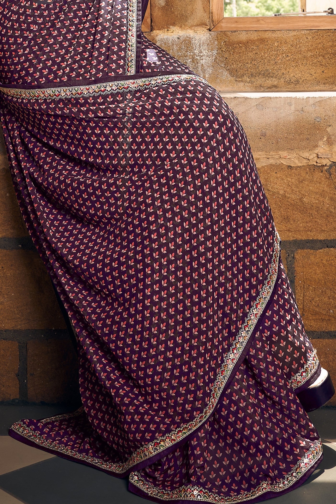 Berry Purple Georgette Digital Printed Saree