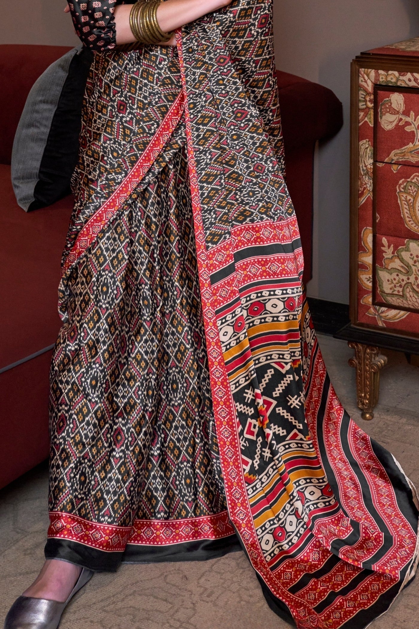 Raven Black and Red Patola Printed Satin Crepe Saree