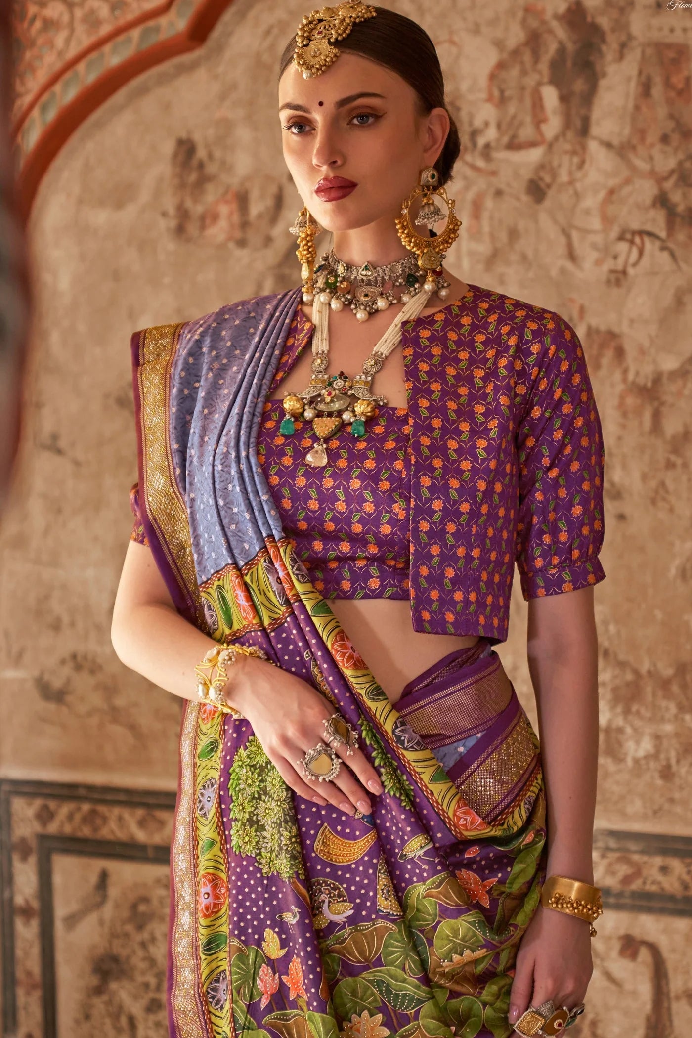 Premium Periwinkle Purple Printed Patola Saree