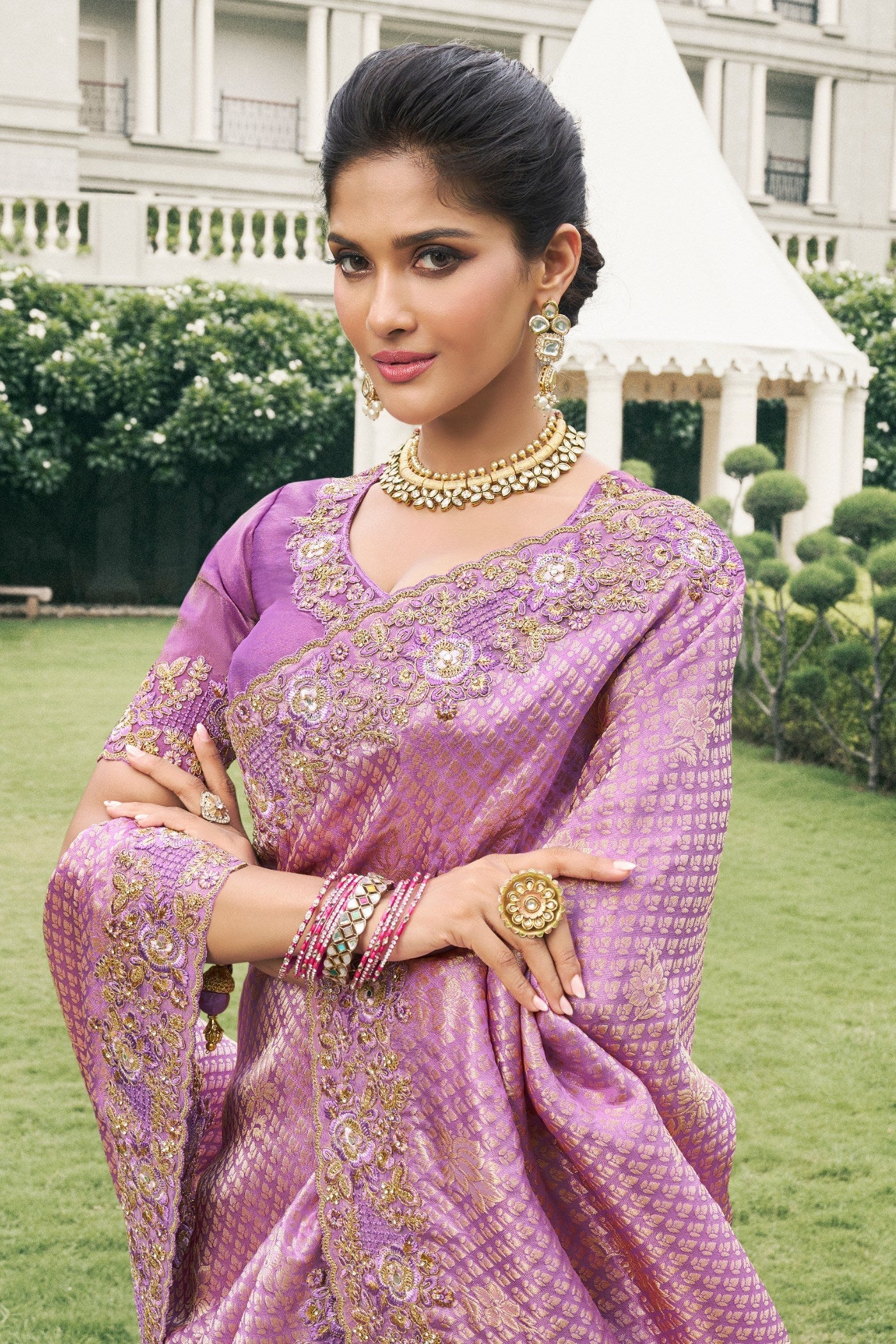 Viola Pink Banarasi Designer Embroidered Saree