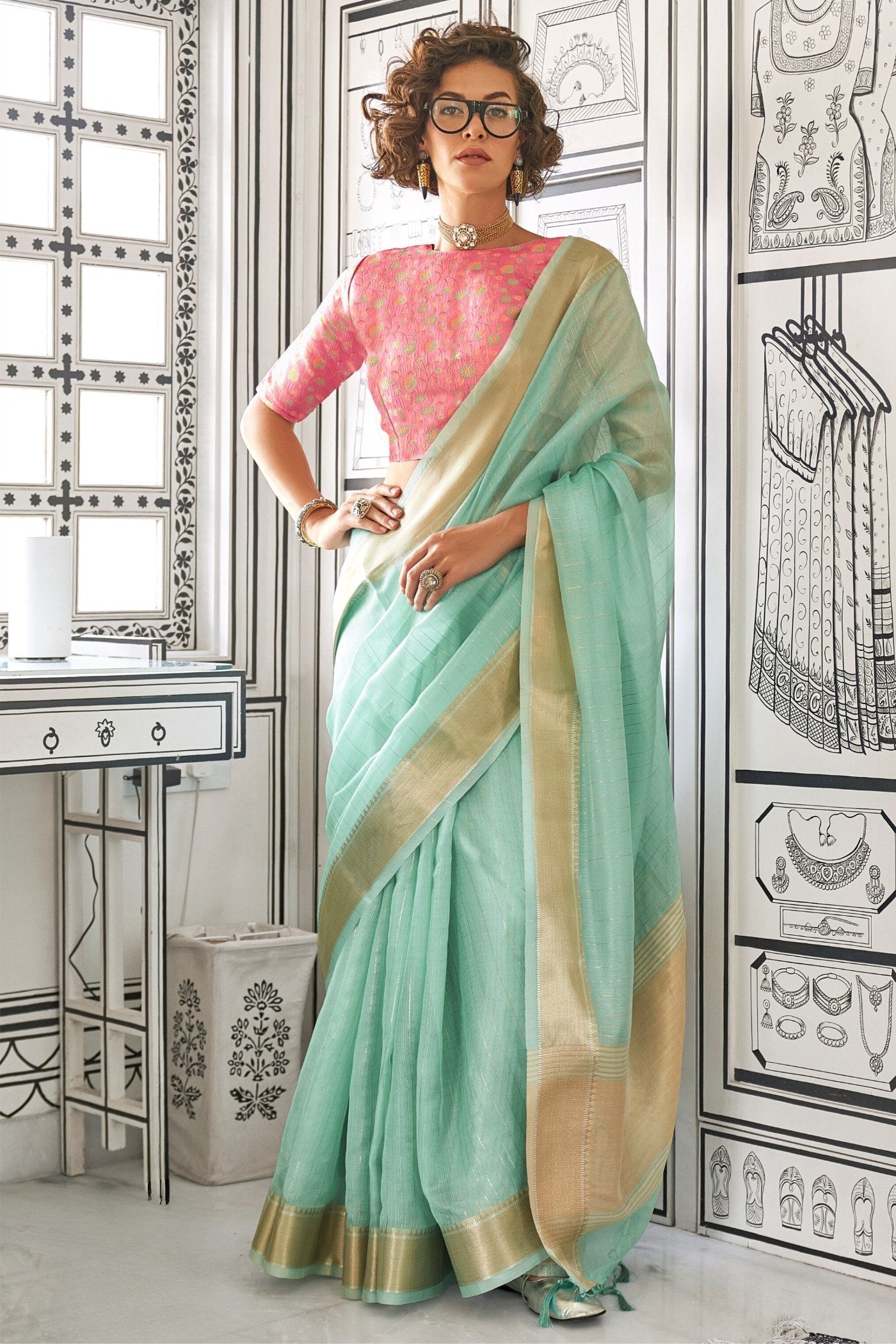 Bright Turquoise Blue Chiffon Handloom Saree