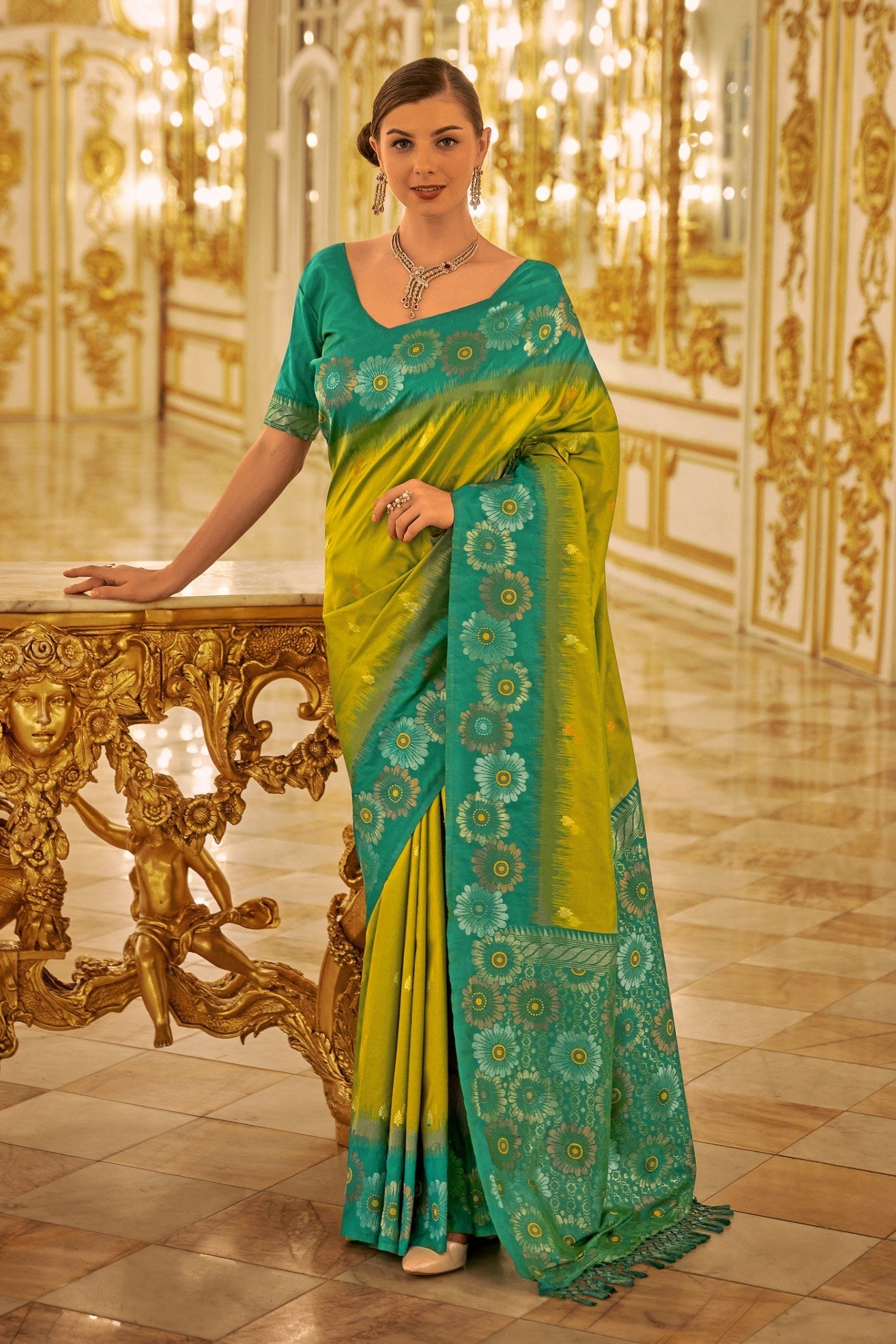 Neon Green Woven Banarasi Saree