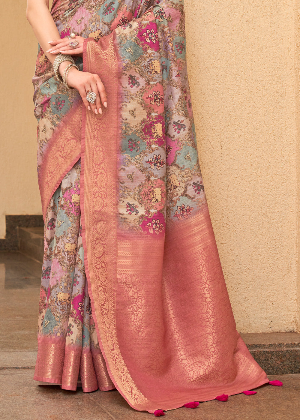 Copper Penny Pink and Brown Digital Printed Tussar Silk Saree