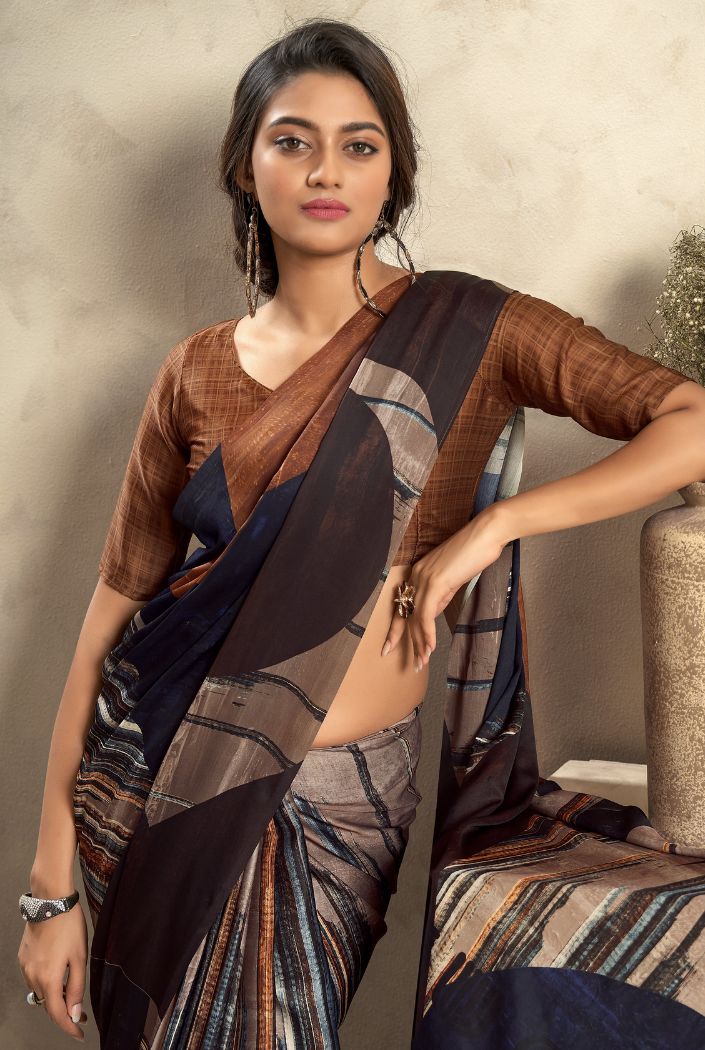 Umber Brown and Black Printed Satin Silk Saree