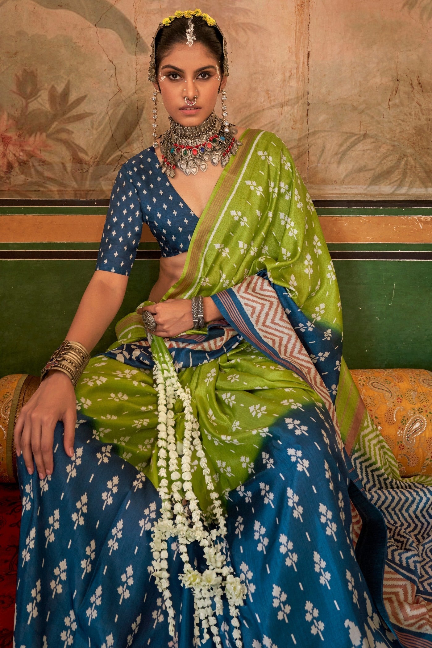 Pine Yellow and Blue Printed Patola Saree