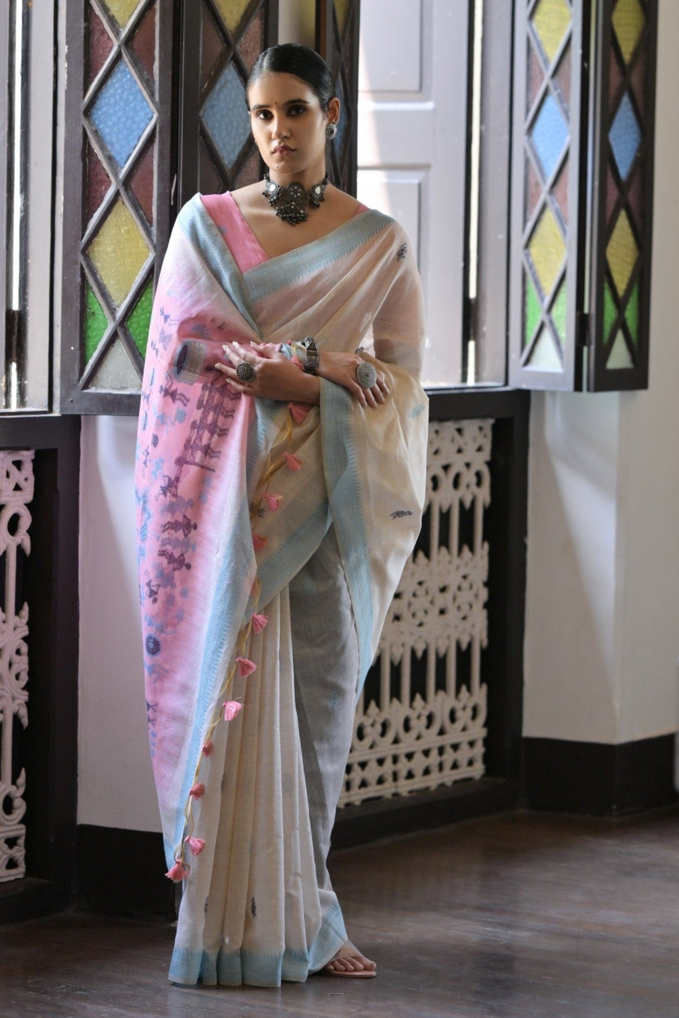 Shell White and Pink Muga Cotton Saree