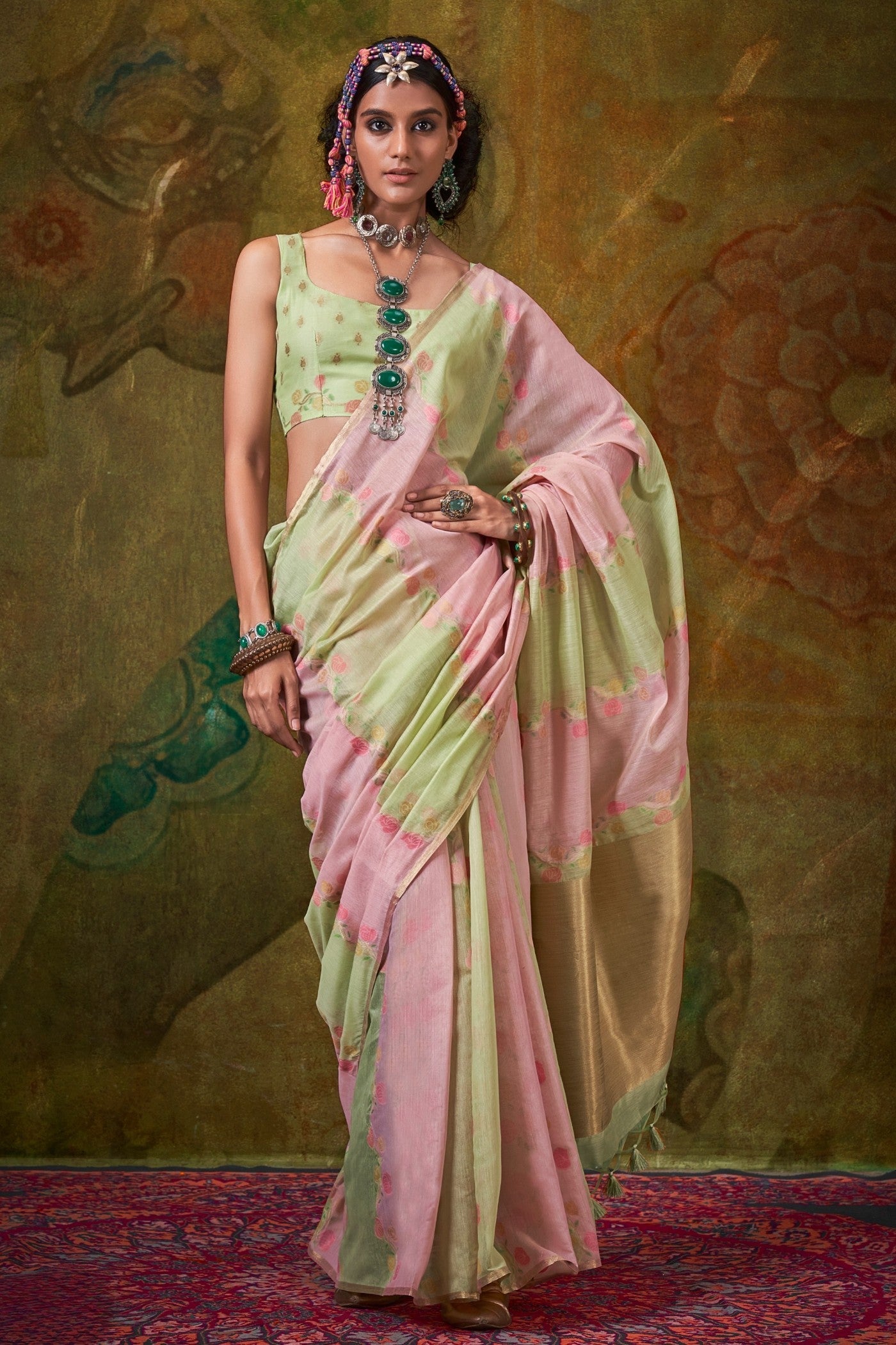 Bush Pink and Green Banarasi Handloom Saree