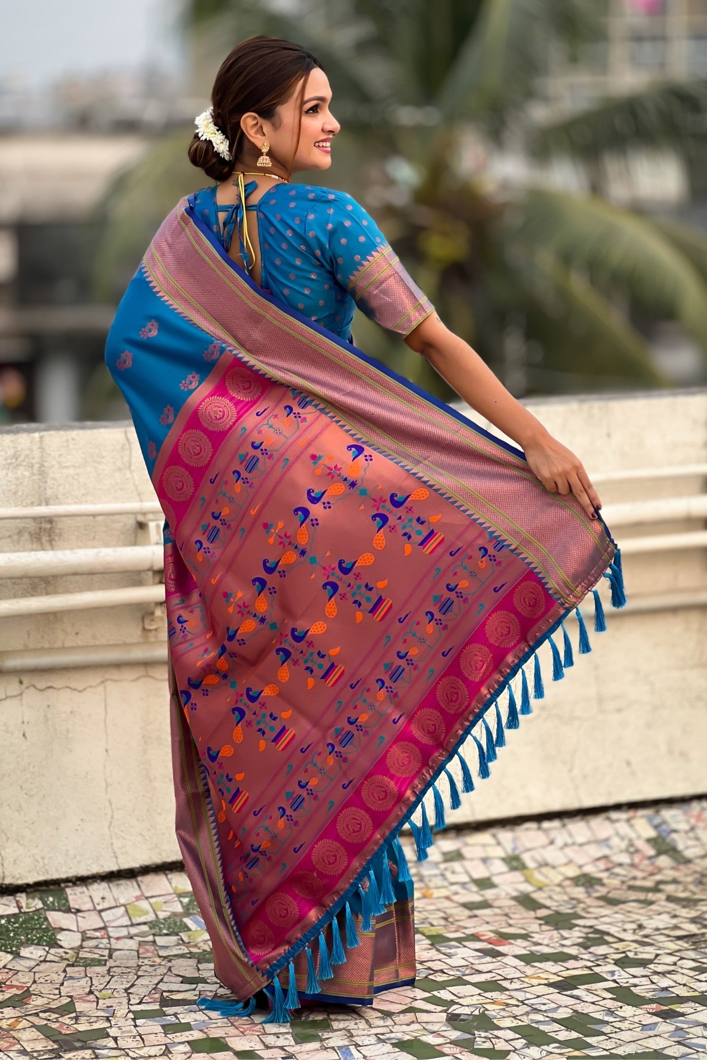 Congress Blue Zari Woven Nath Paithani Saree