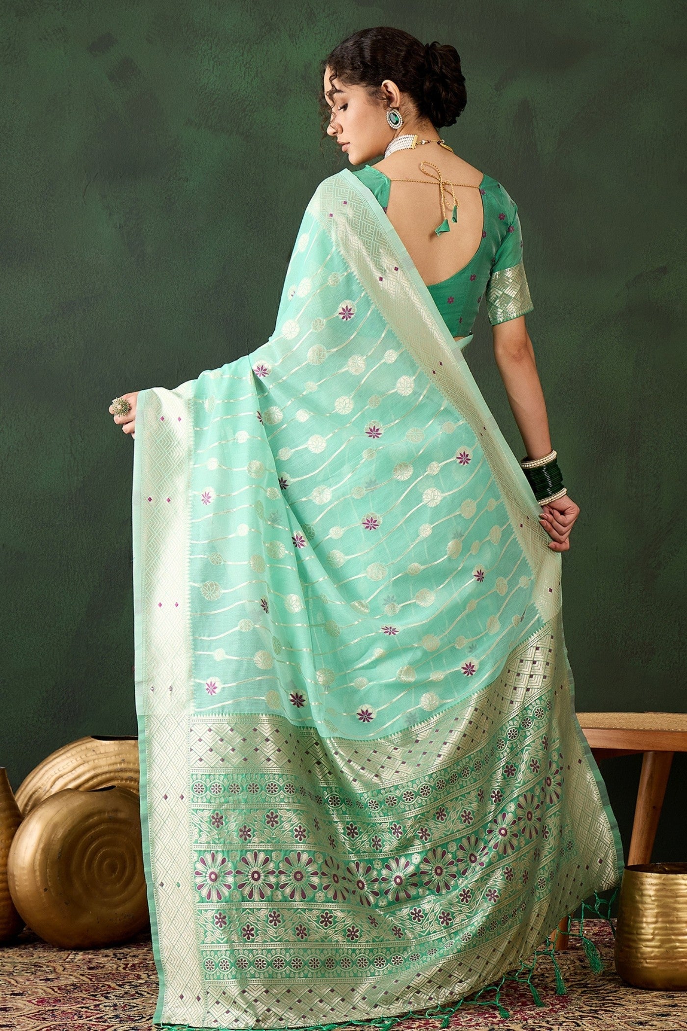 Sage Green Woven Cotton Saree