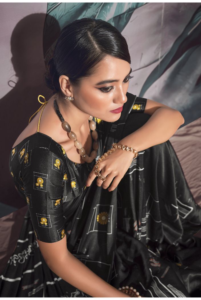 Mine Shaft Black Printed Satin Silk Saree