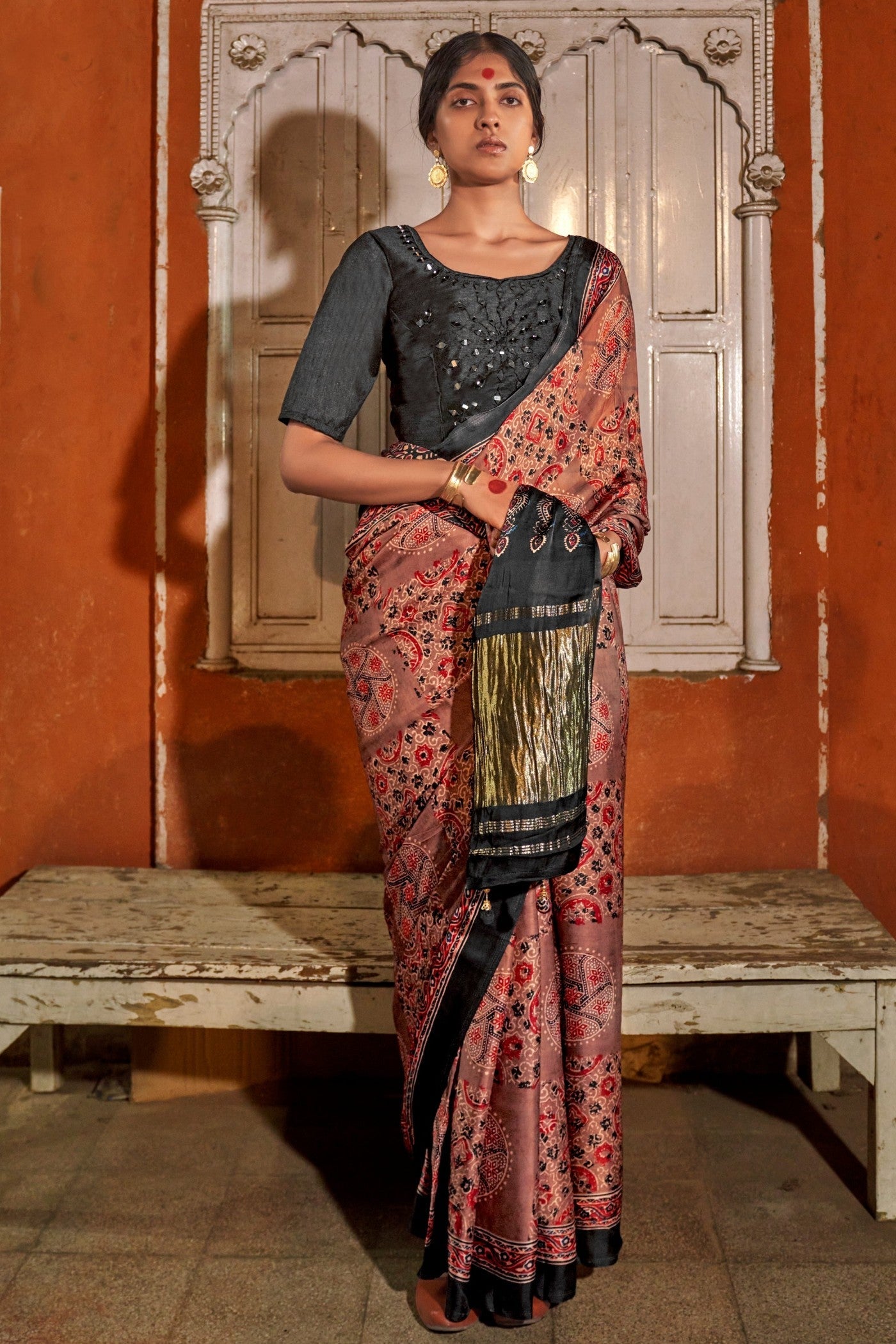 Plum Peach and Black Ajrakh Handprinted Satin Saree