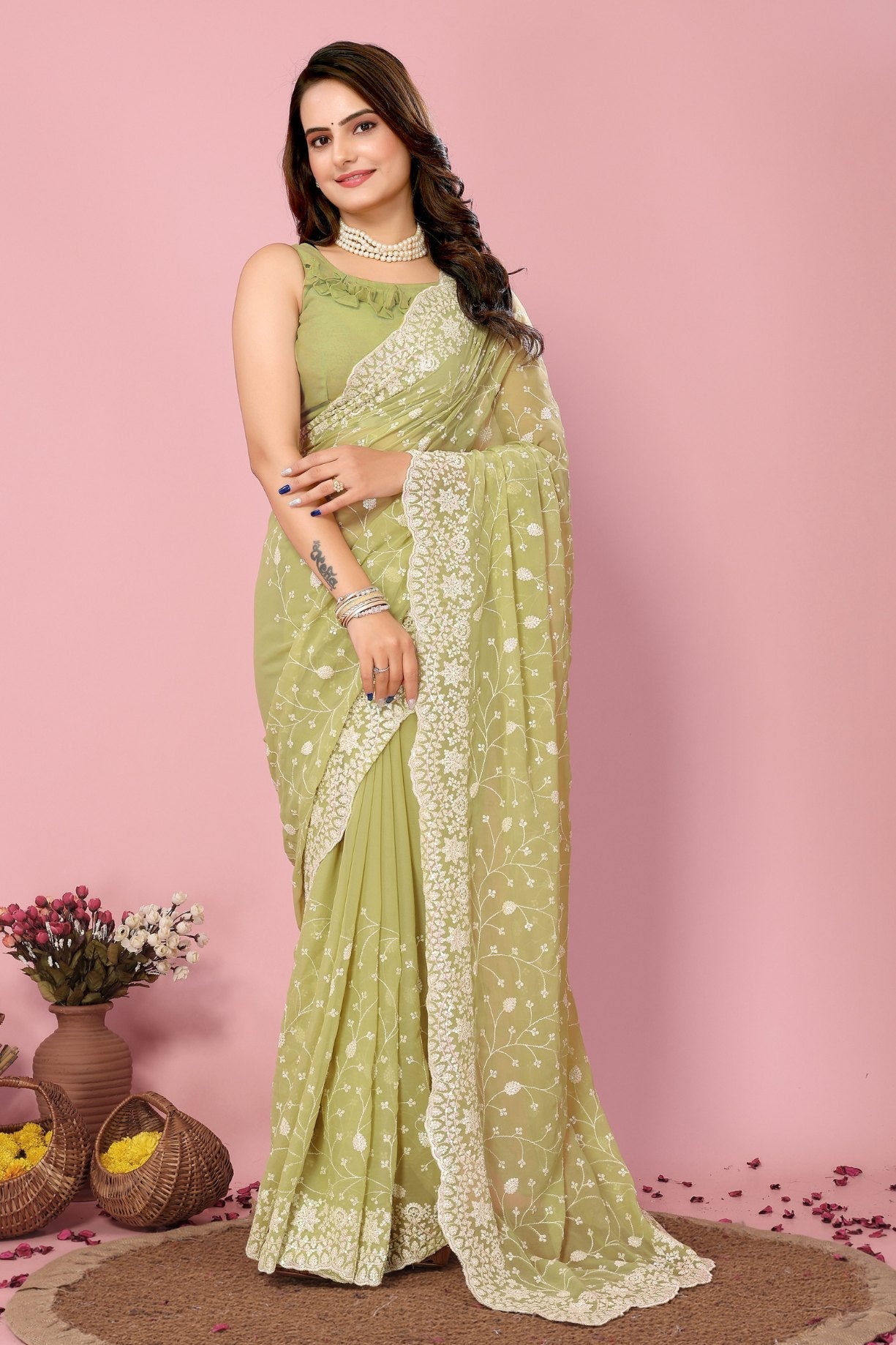 Pista Green Georgette Embroidered Silk Saree