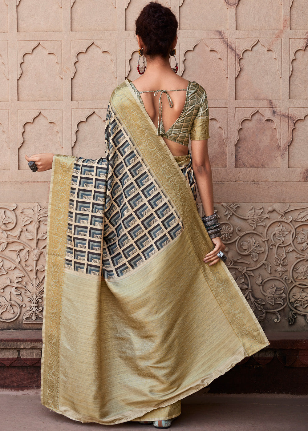 Pewter Blue and Handloom Banarasi Silk Saree