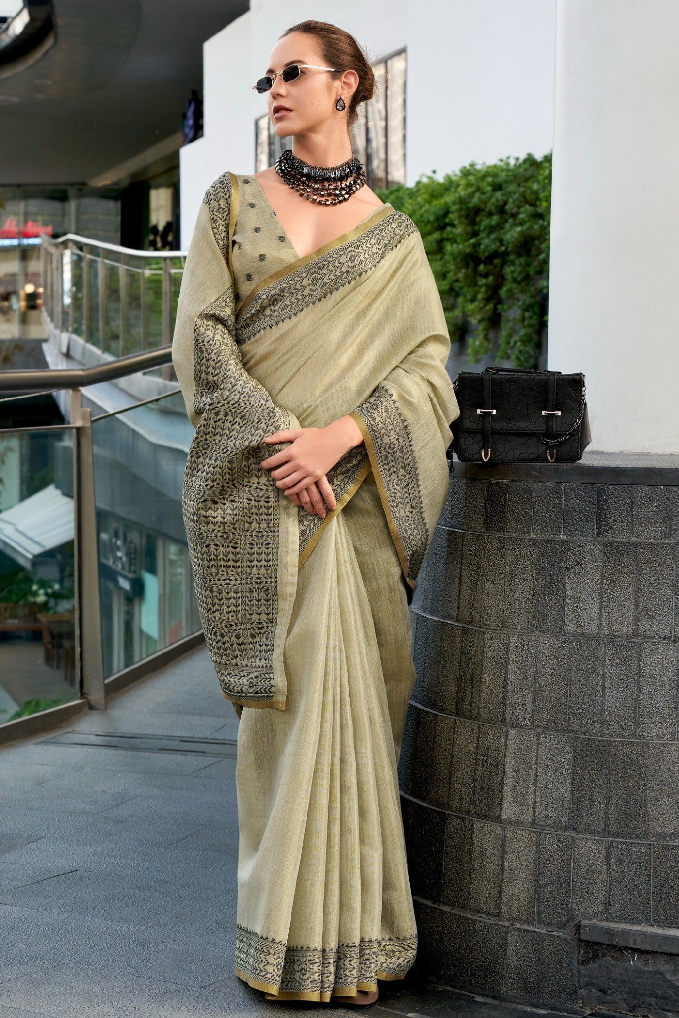 Hazel Wood Cream Linen Tissue Silk Saree