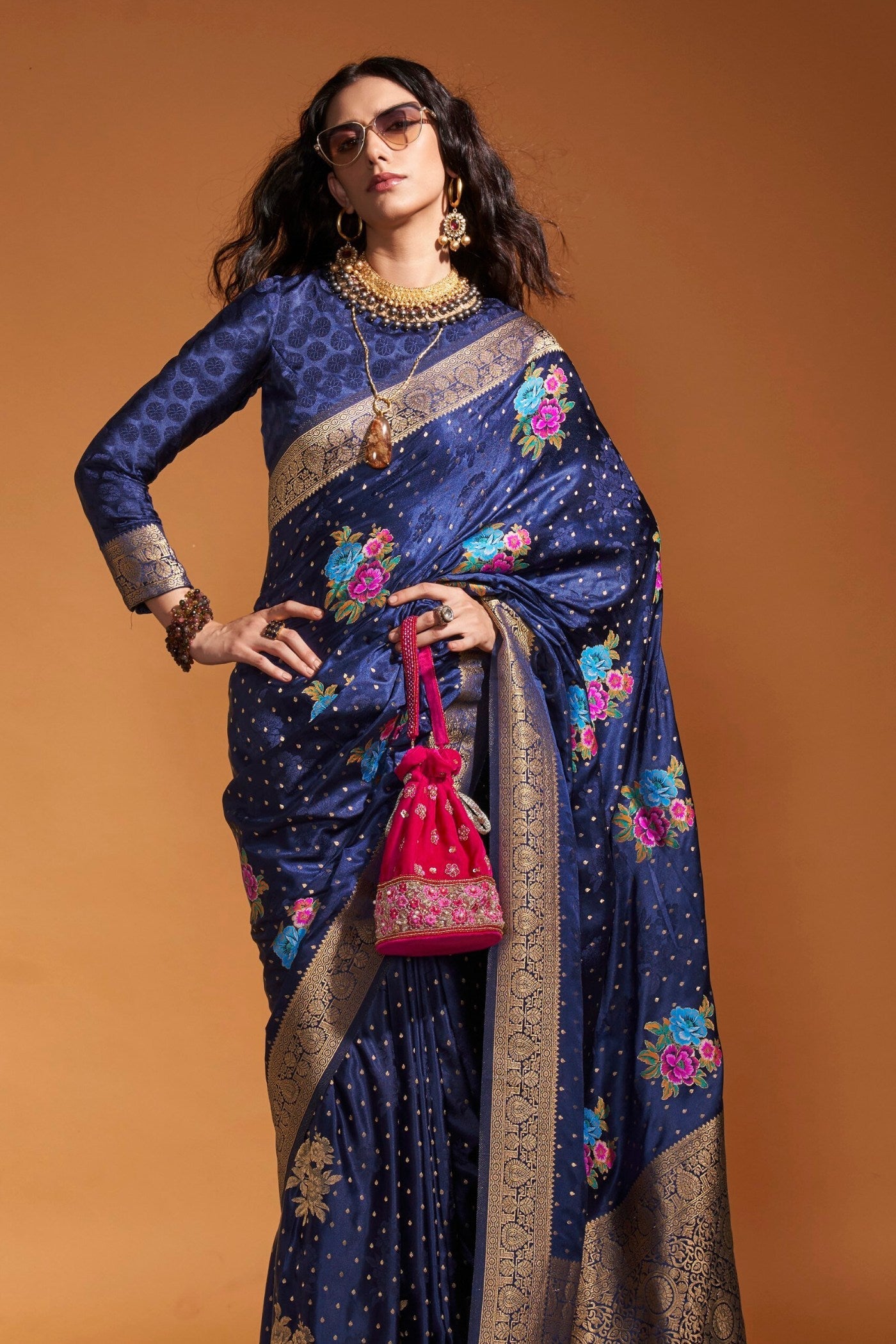 East Bay Blue Handloom Satin Silk Saree