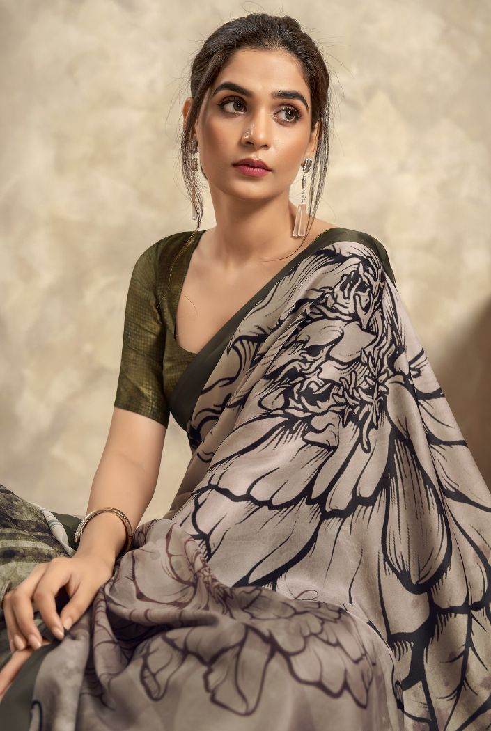 Sardine Grey Printed Satin Silk Saree