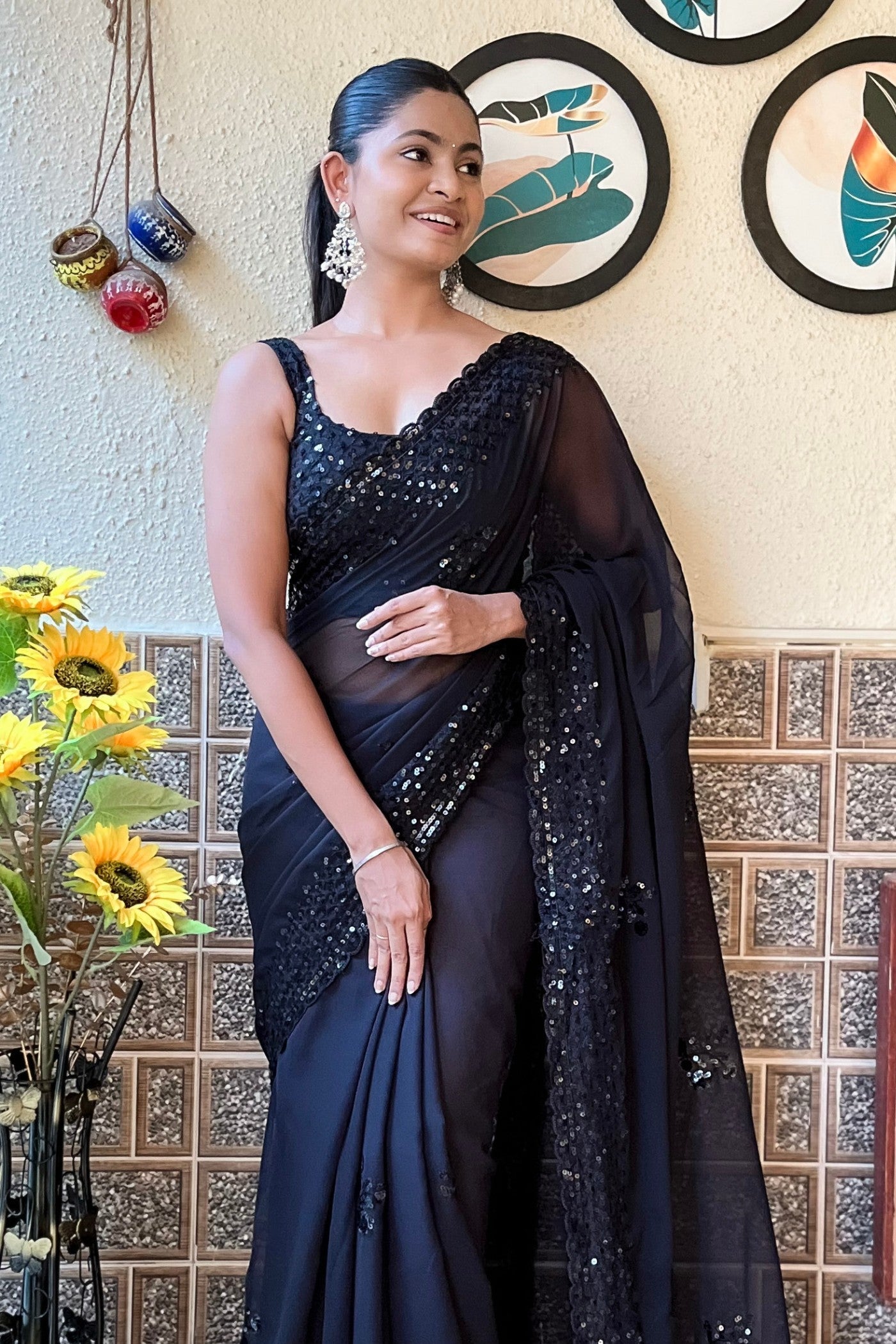 Persian Lily Black Embroidery Georgette saree