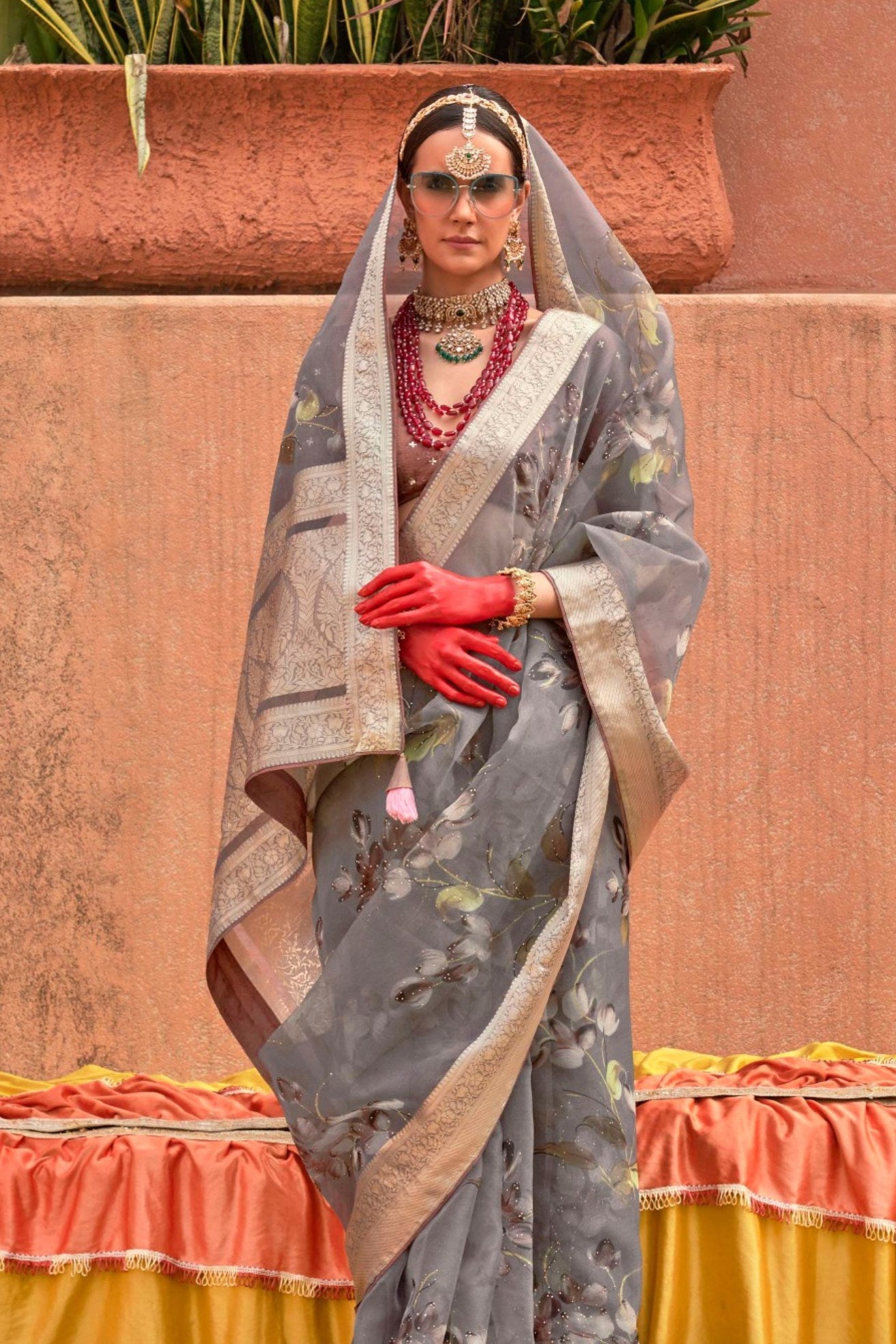 Sandstone Grey Zari Woven Organza Saree