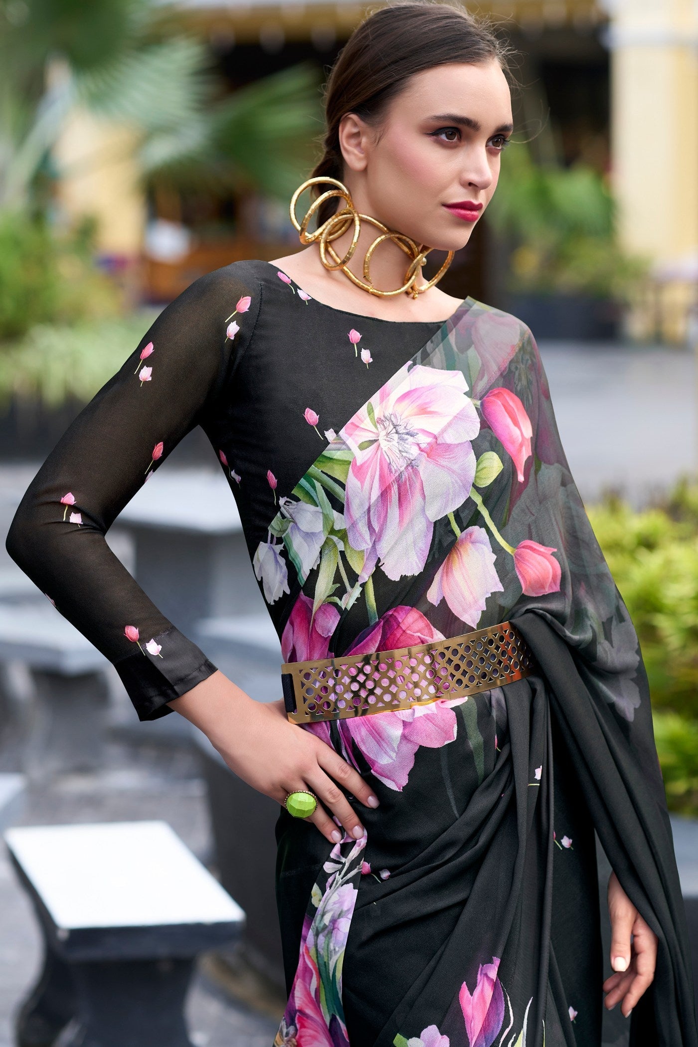 Bunker Black Printed Georgette Saree