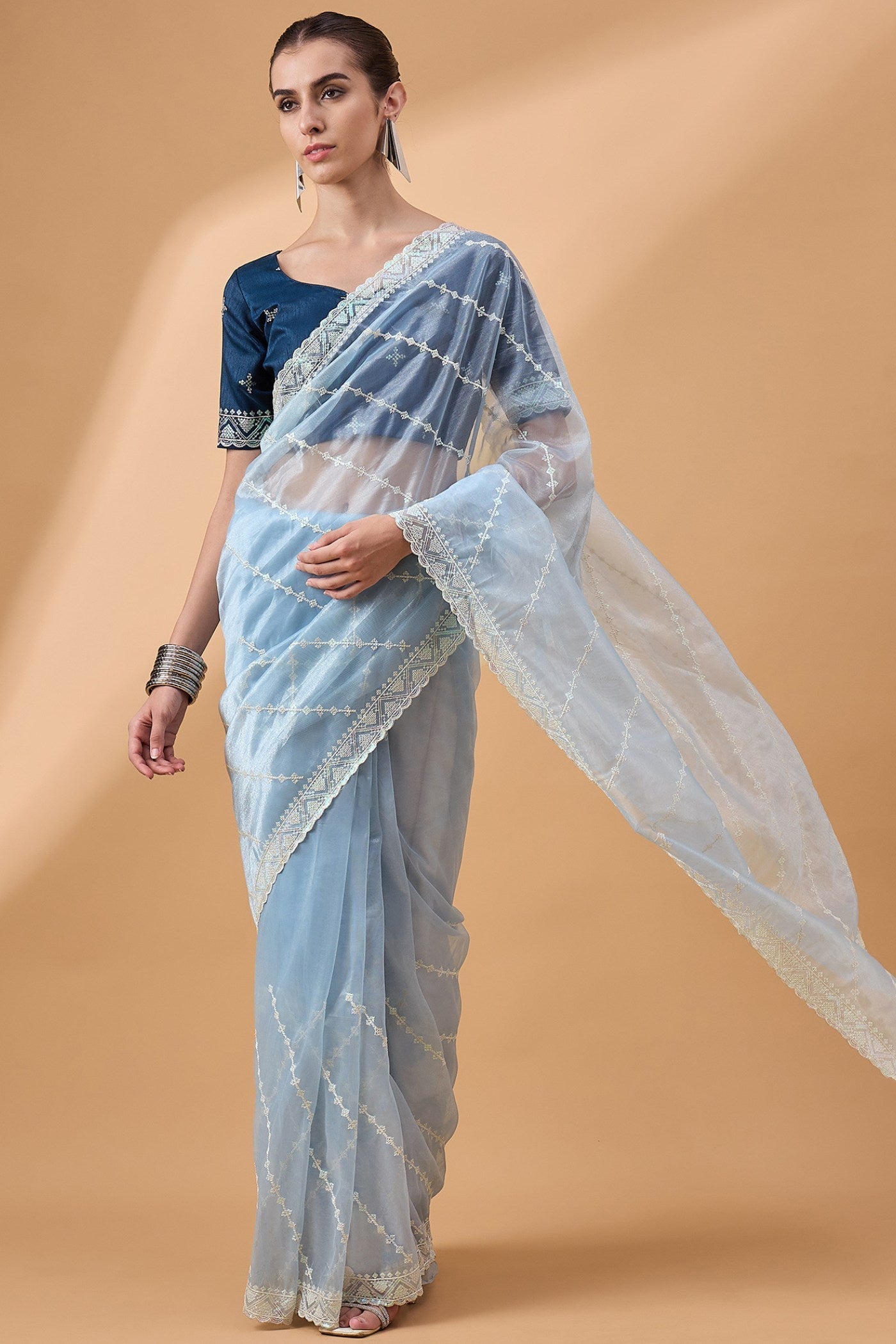 Sky Blue Organza Partywear Saree