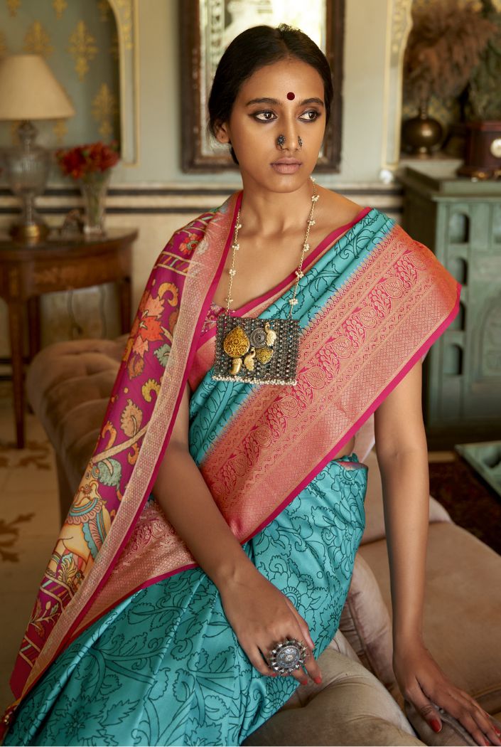 Tradewind Blue and Pink Printed Kalamakri Silk Saree