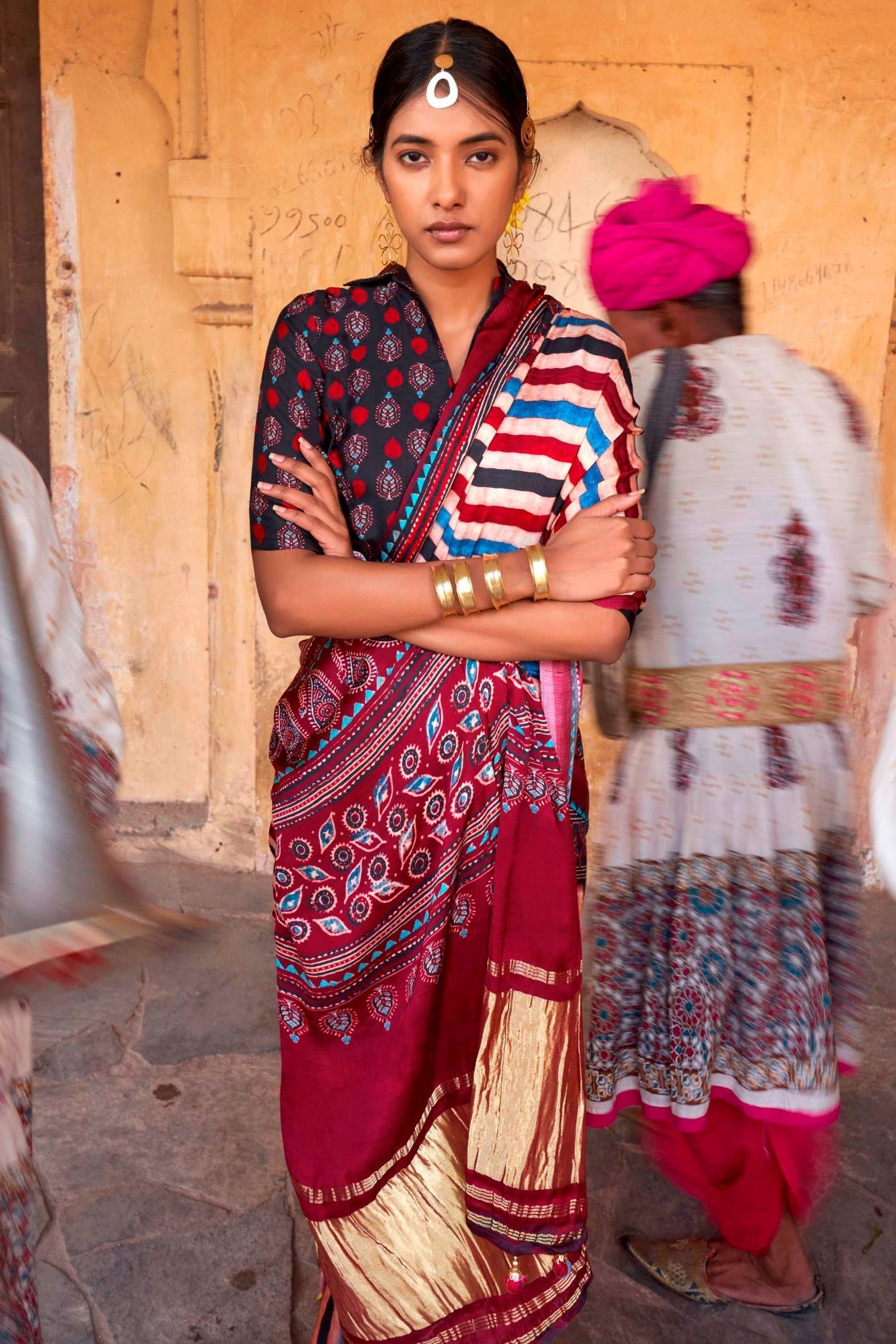 Tawny Port Maroon Ajrakh Handprinted Satin Saree