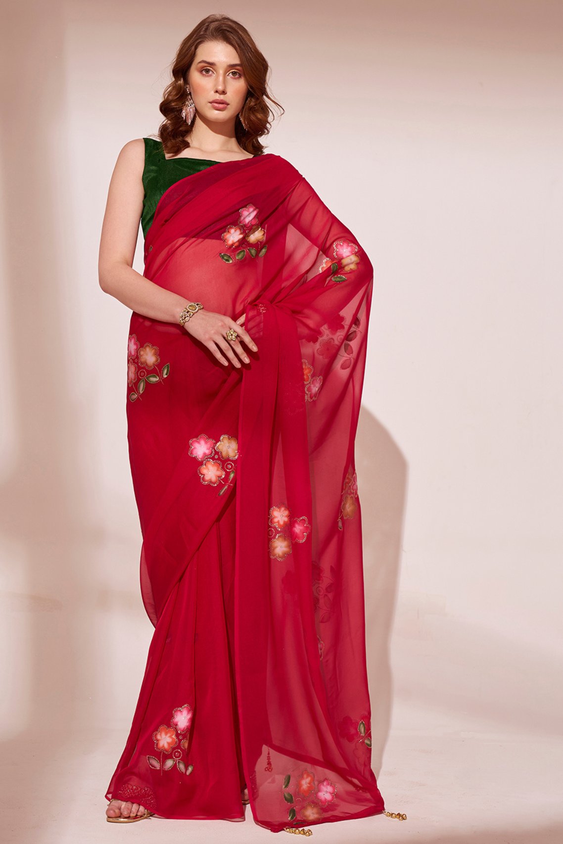 Crimson Red Printed Organza Saree